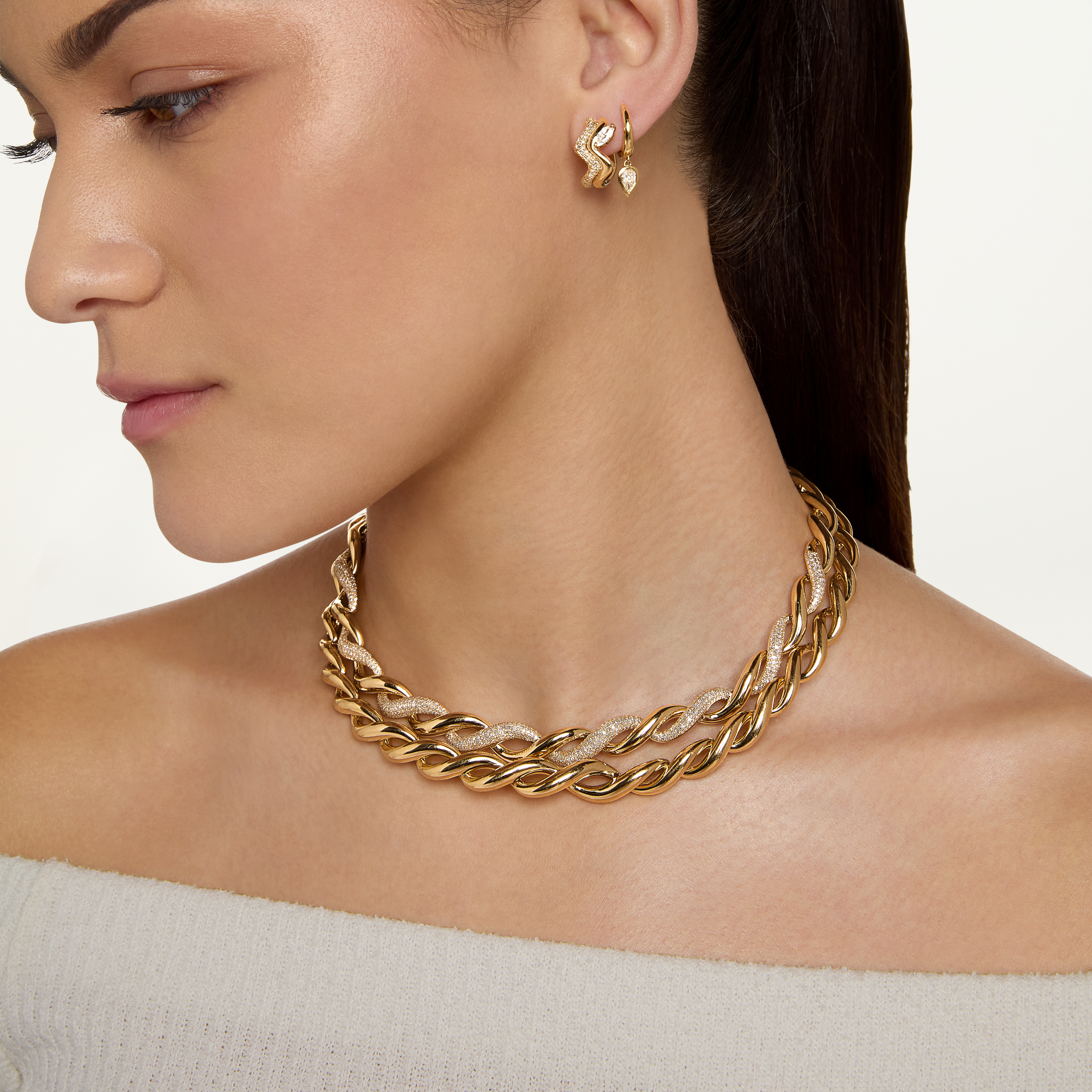 SHAY Ready to Ship Diamond Sculpted Wave Necklace, 3ct, 18k gold, alternate view