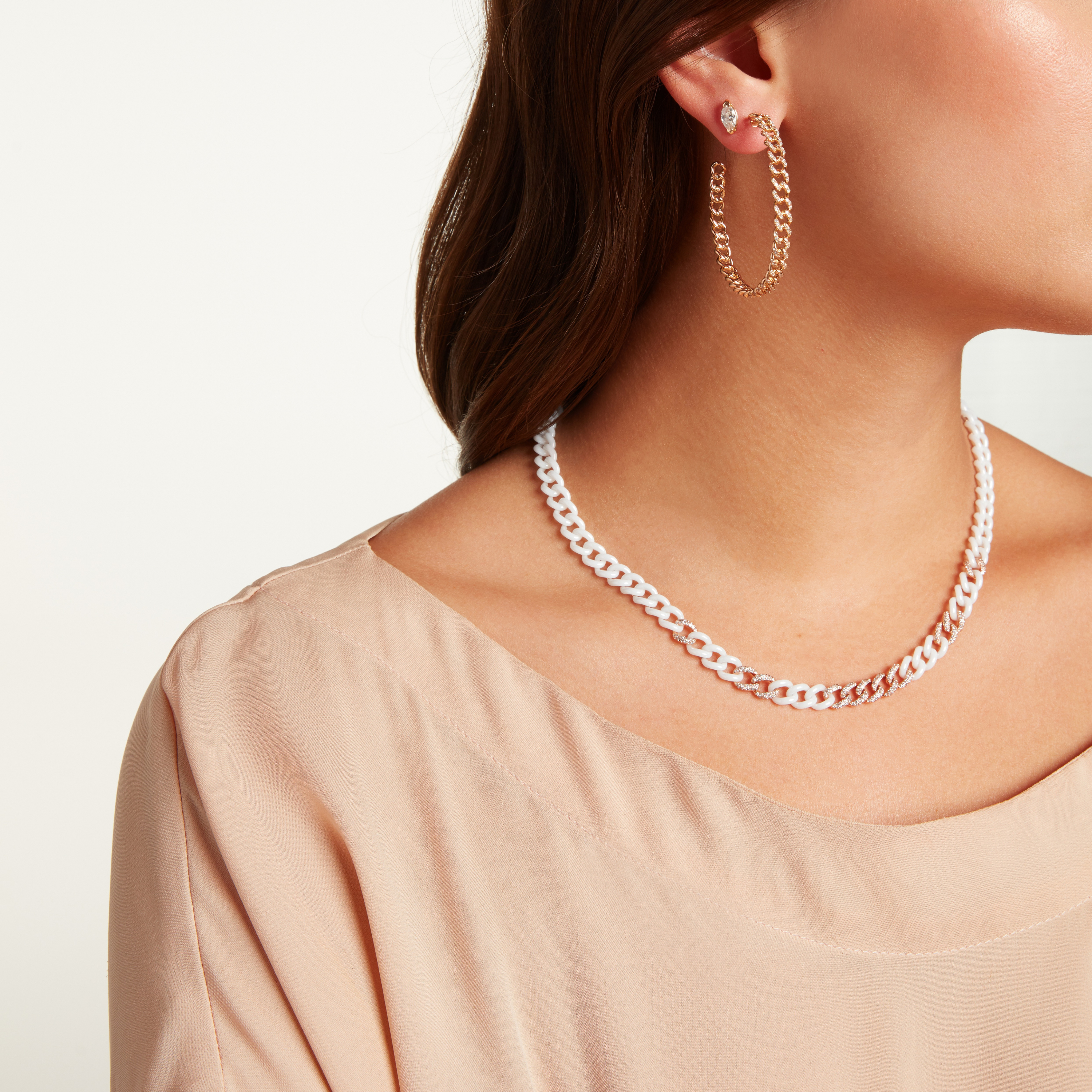 READY TO SHIP 9 PAVE & WHITE CERAMIC MEDIUM LINK NECKLACE