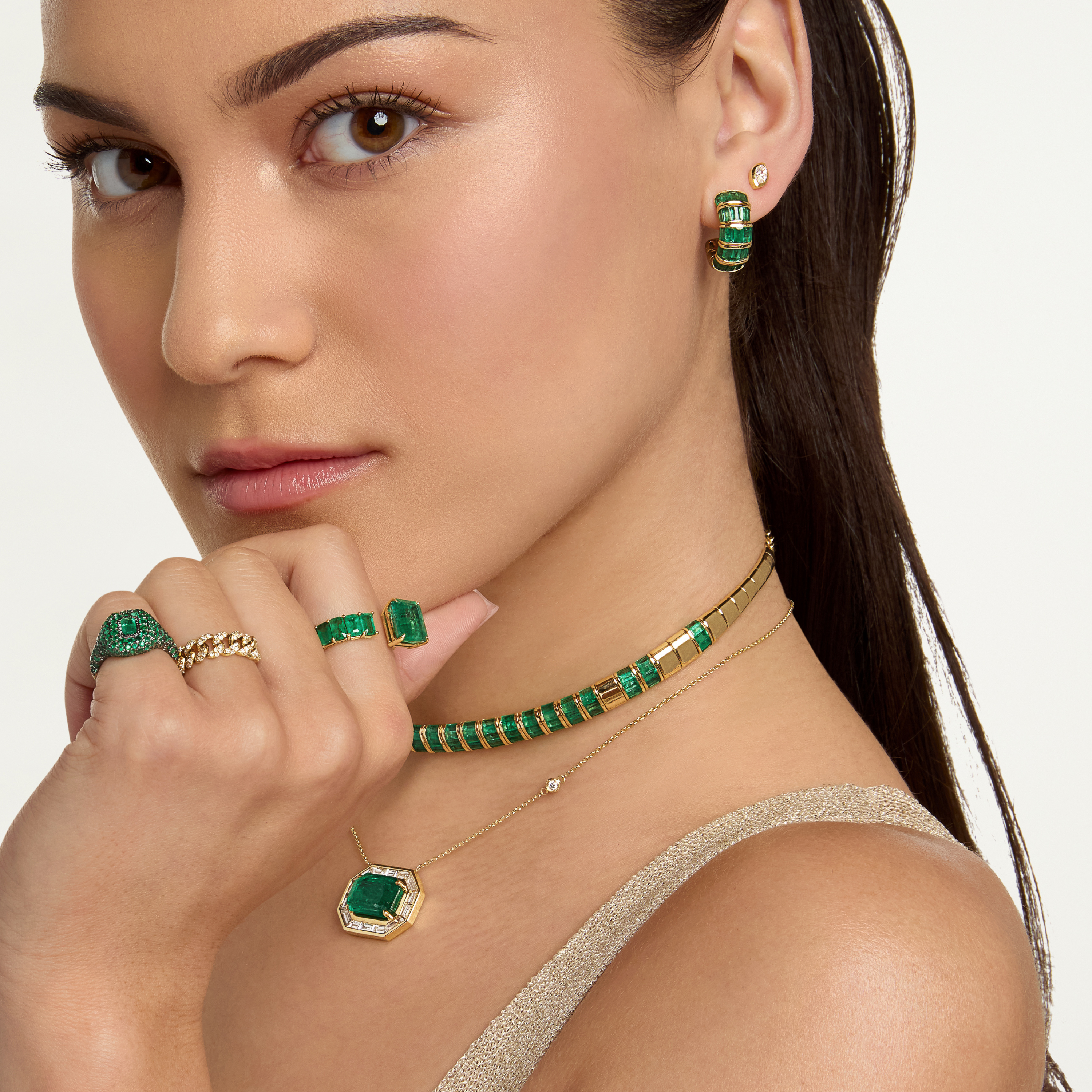 SHAY Ready to Ship Emerald Baguette Huggies, 5ct, 18k gold, alternate view