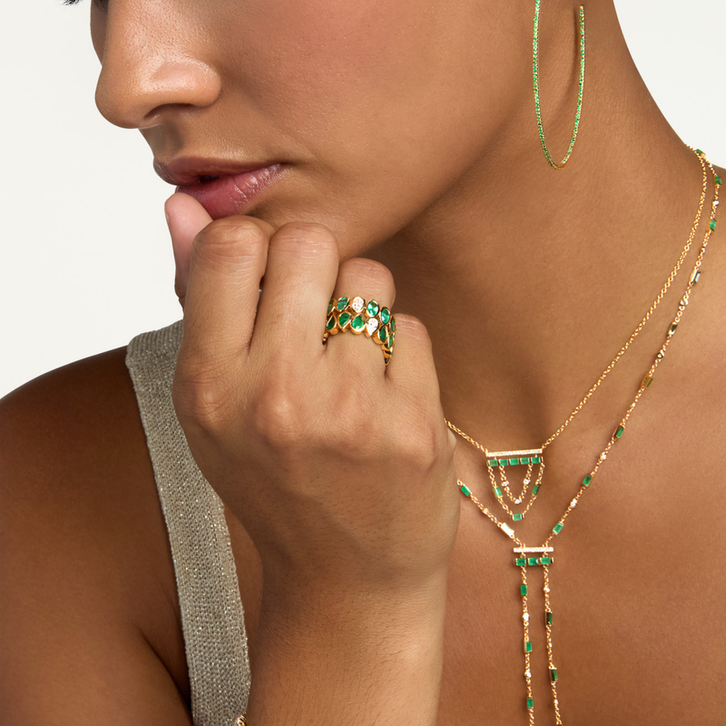 READY TO SHIP EMERALD & DIAMOND PEAR BEZEL BAND