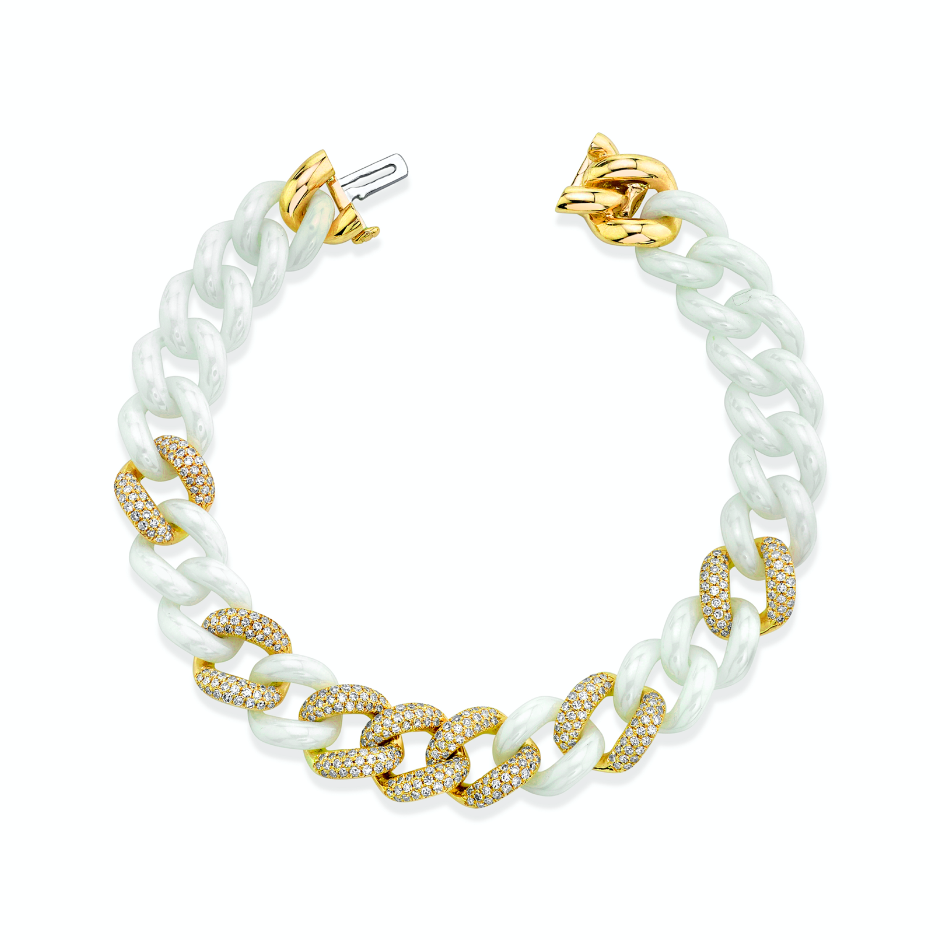 SHAY Ready to Ship White Ceramic Pave Essential Link Bracelet, 18k gold, detail view