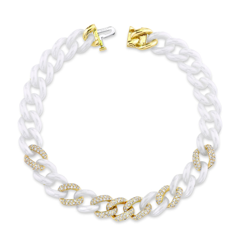 READY TO SHIP DIAMOND 7 PAVE & WHITE CERAMIC MEDIUM LINK BRACELET