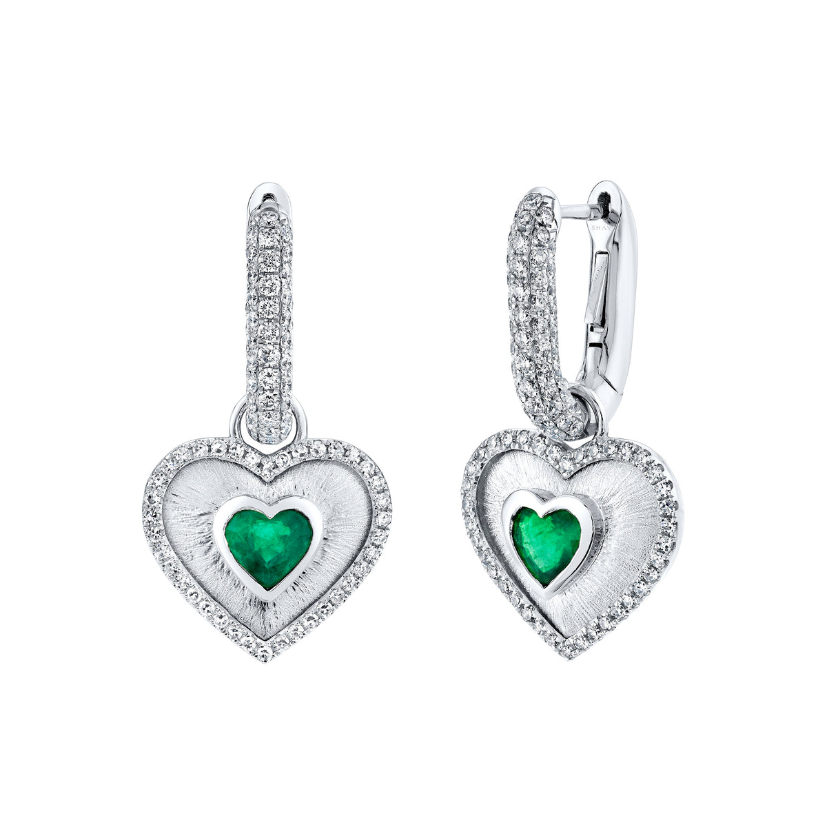 EMERALD & DIAMOND PAVE LINK HEART EARRINGS