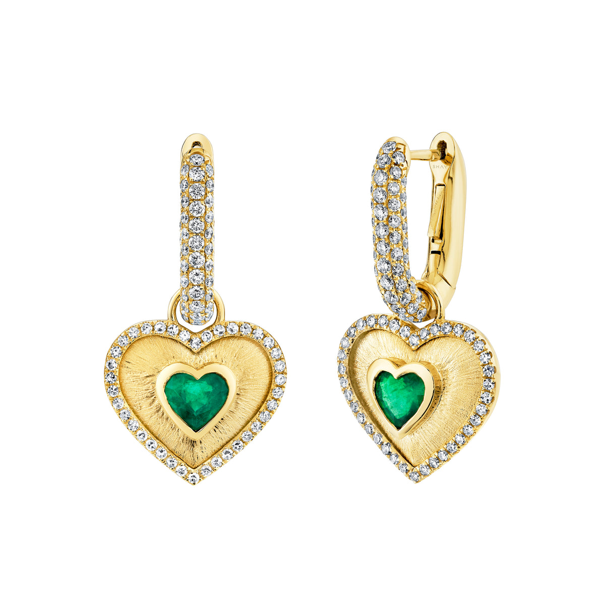 EMERALD & DIAMOND PAVE LINK HEART EARRINGS