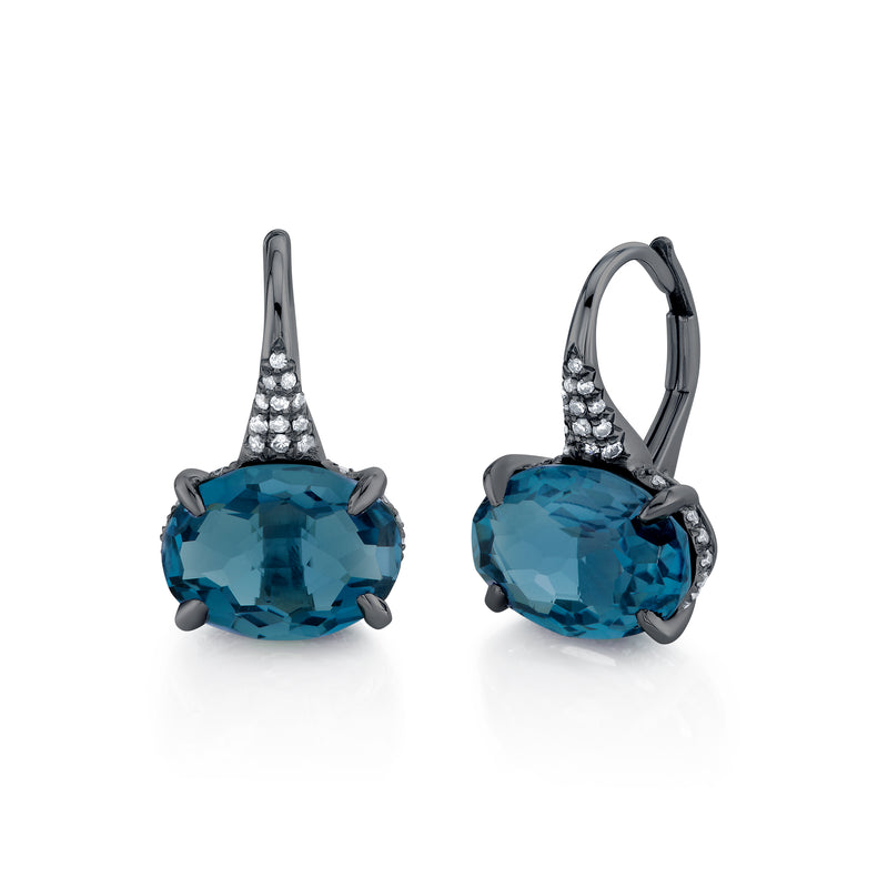 LONDON BLUE & DIAMOND OVAL GEM DROP EARRINGS