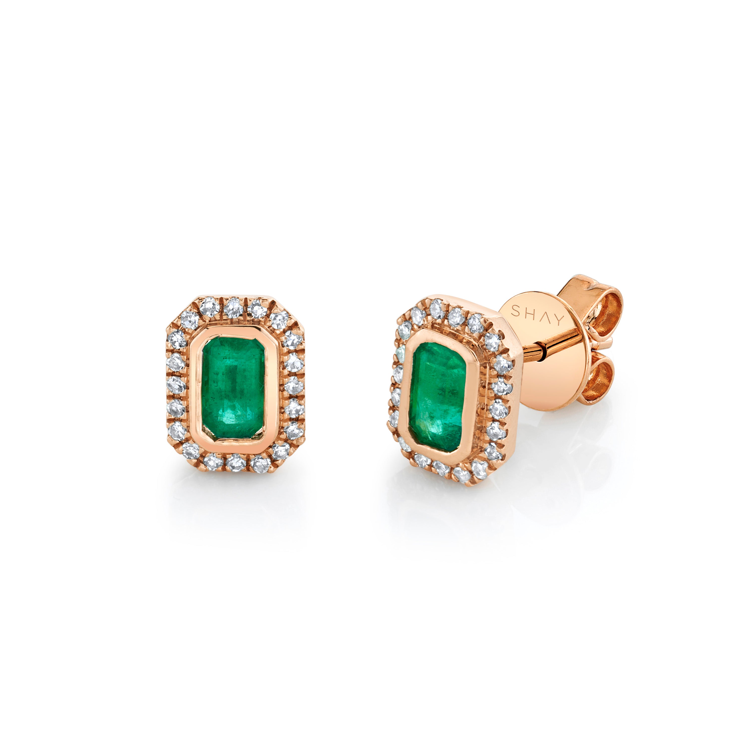 SHAY Ready to Ship Mini Me Diamond Halo Emerald Studs, 18k gold, detail view