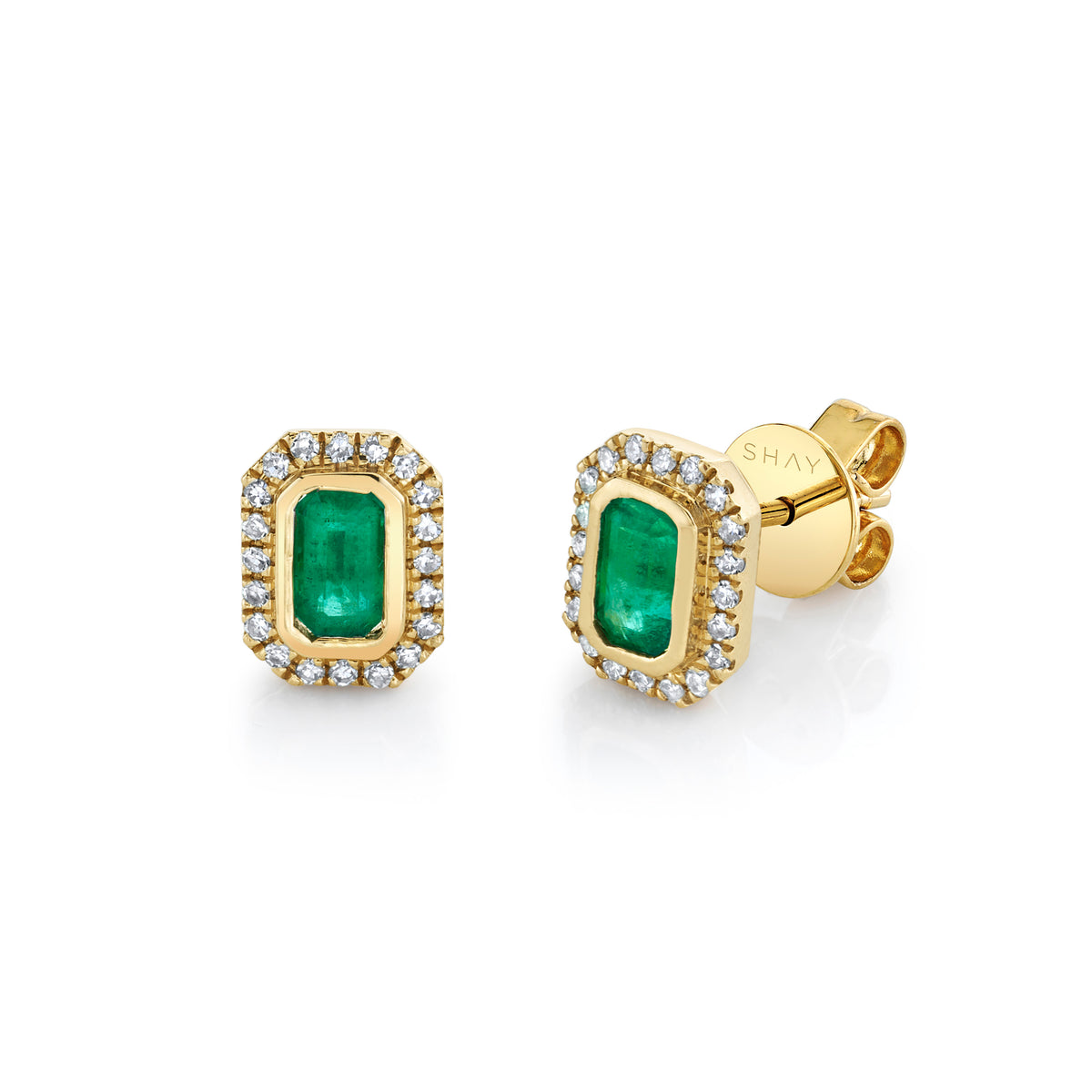 READY TO SHIP MINI ME DIAMOND HALO EMERALD STUDS