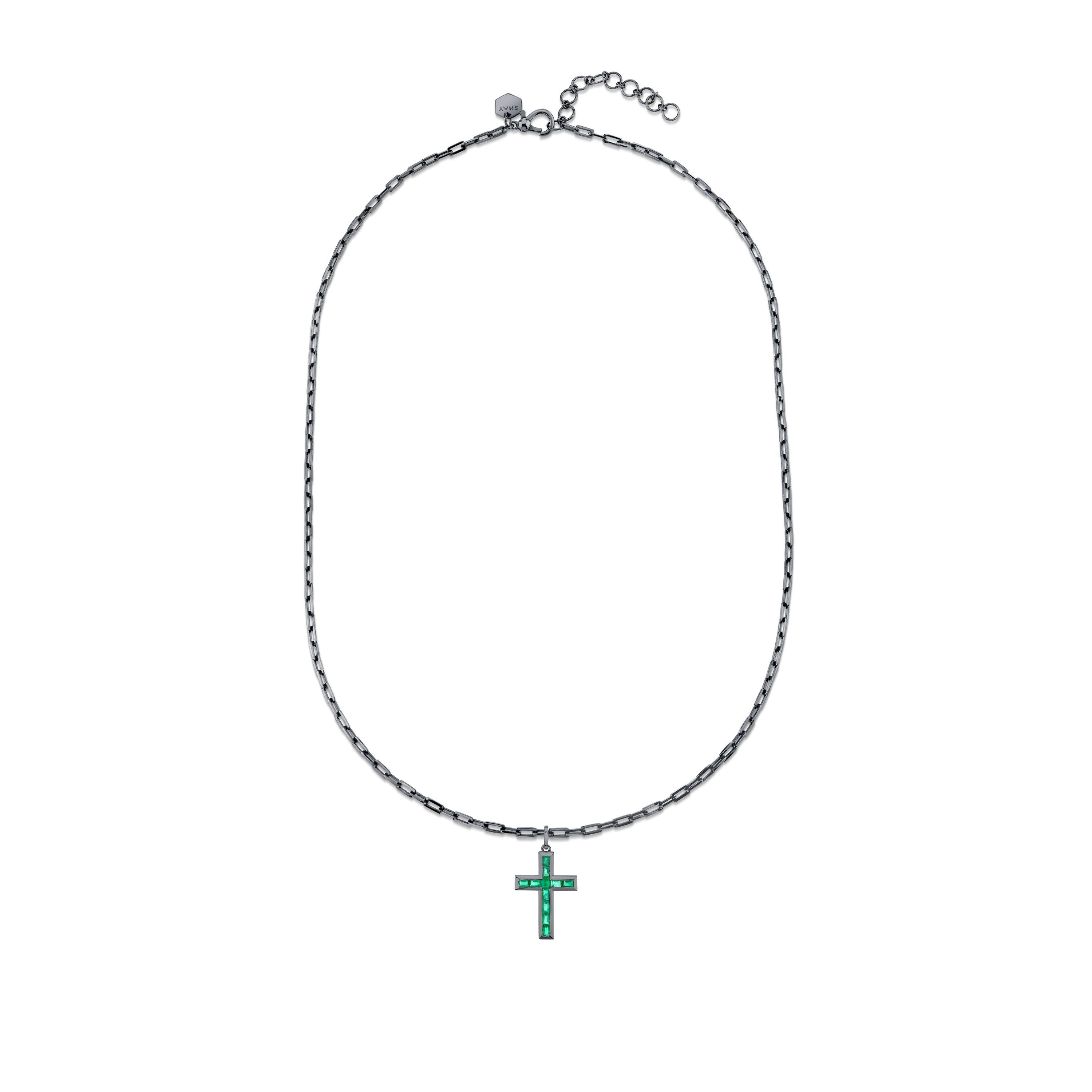 EMERALD BAGUETTE CROSS NECKLACE