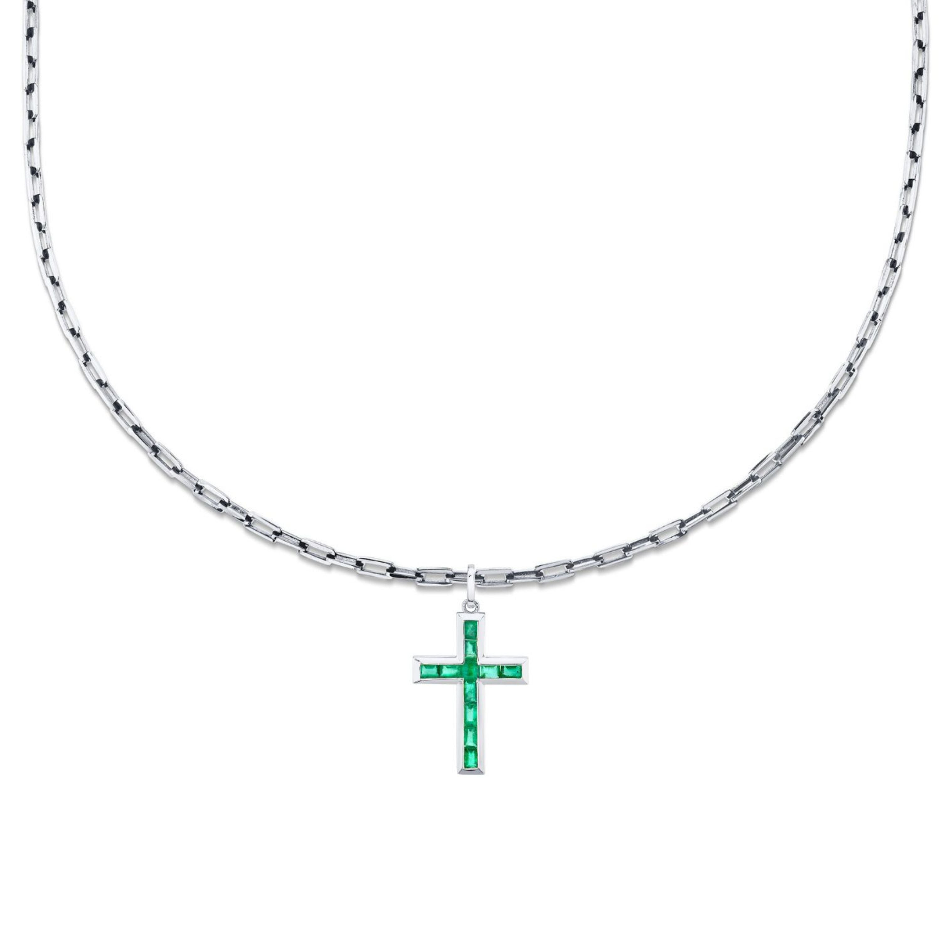 EMERALD BAGUETTE CROSS NECKLACE