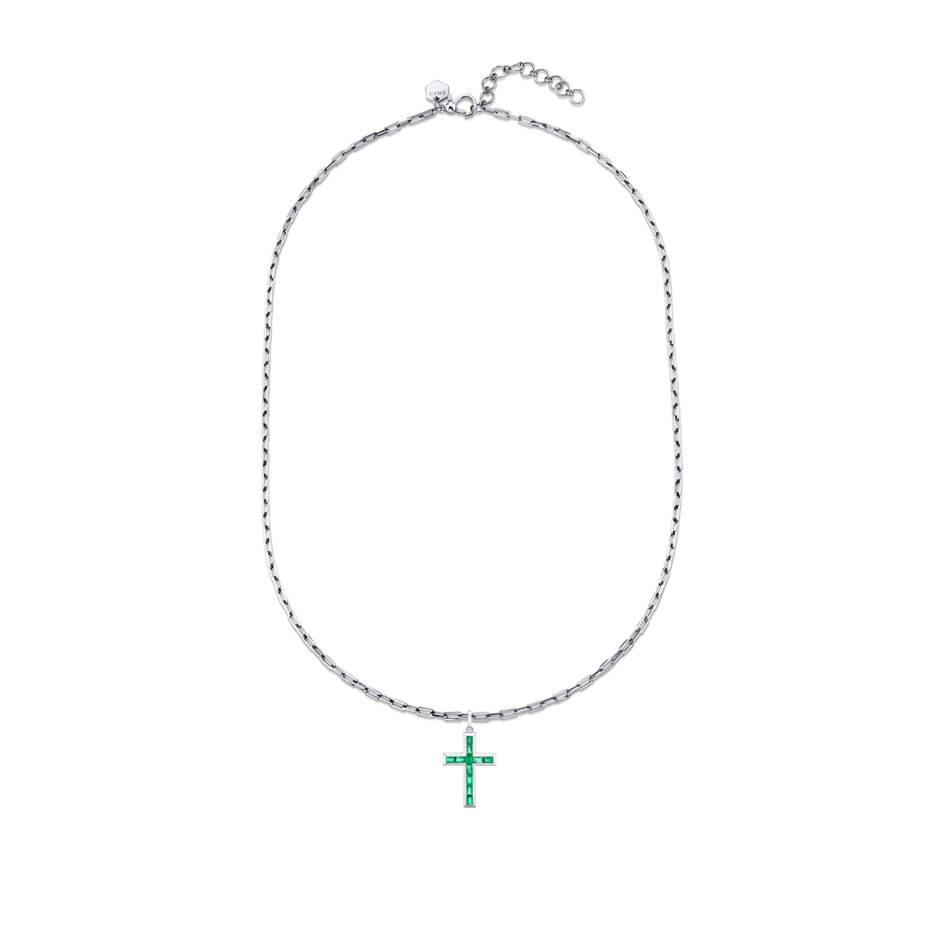 EMERALD BAGUETTE CROSS NECKLACE