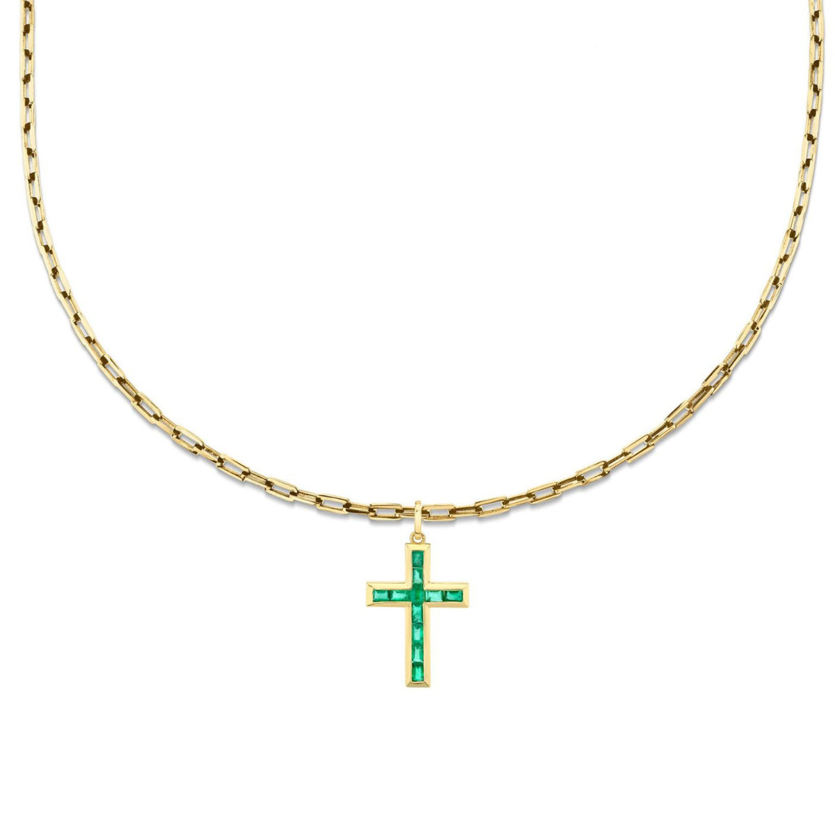 EMERALD BAGUETTE CROSS PENDANT NECKLACE