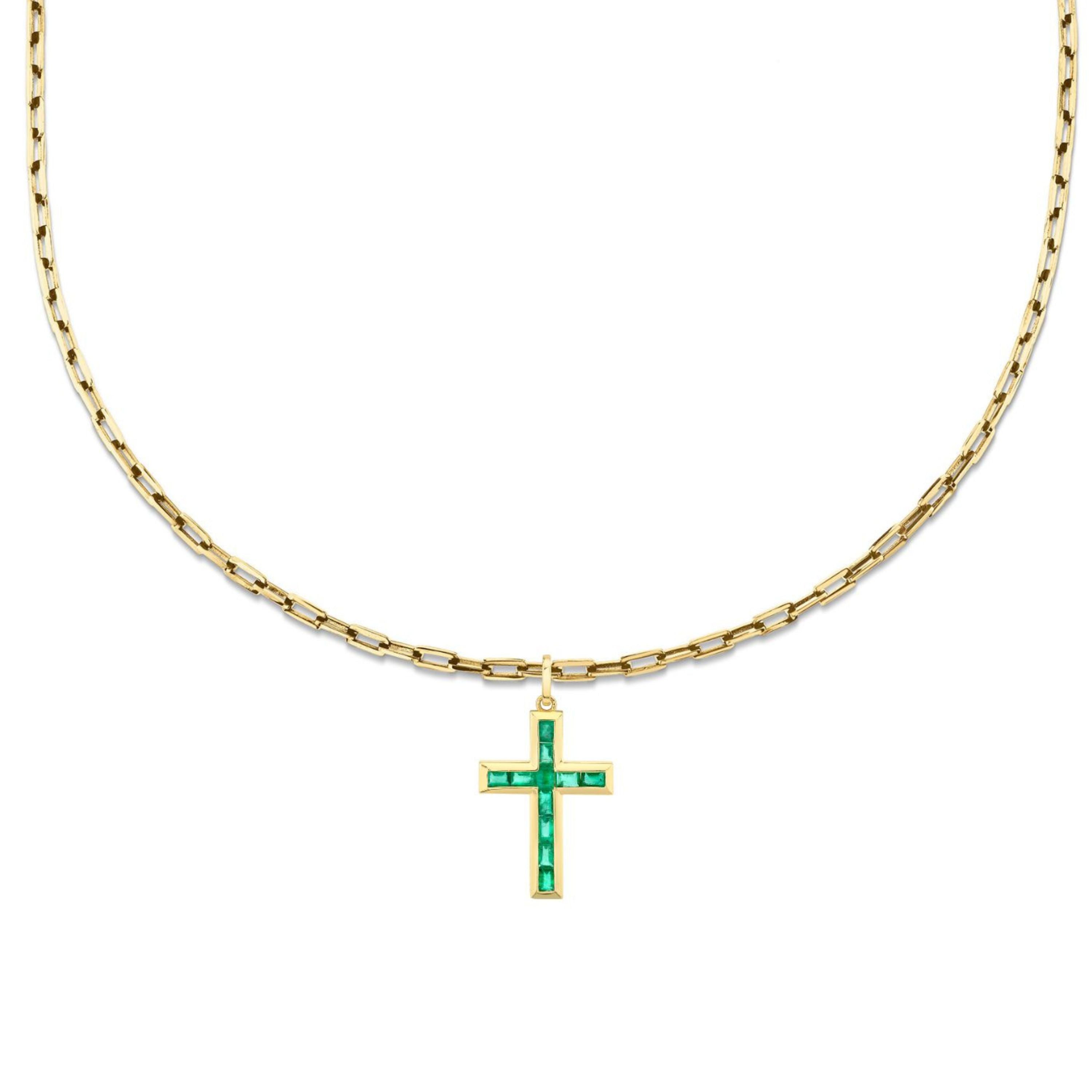 EMERALD BAGUETTE CROSS NECKLACE