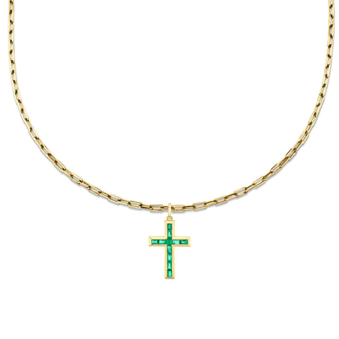 EMERALD BAGUETTE CROSS NECKLACE