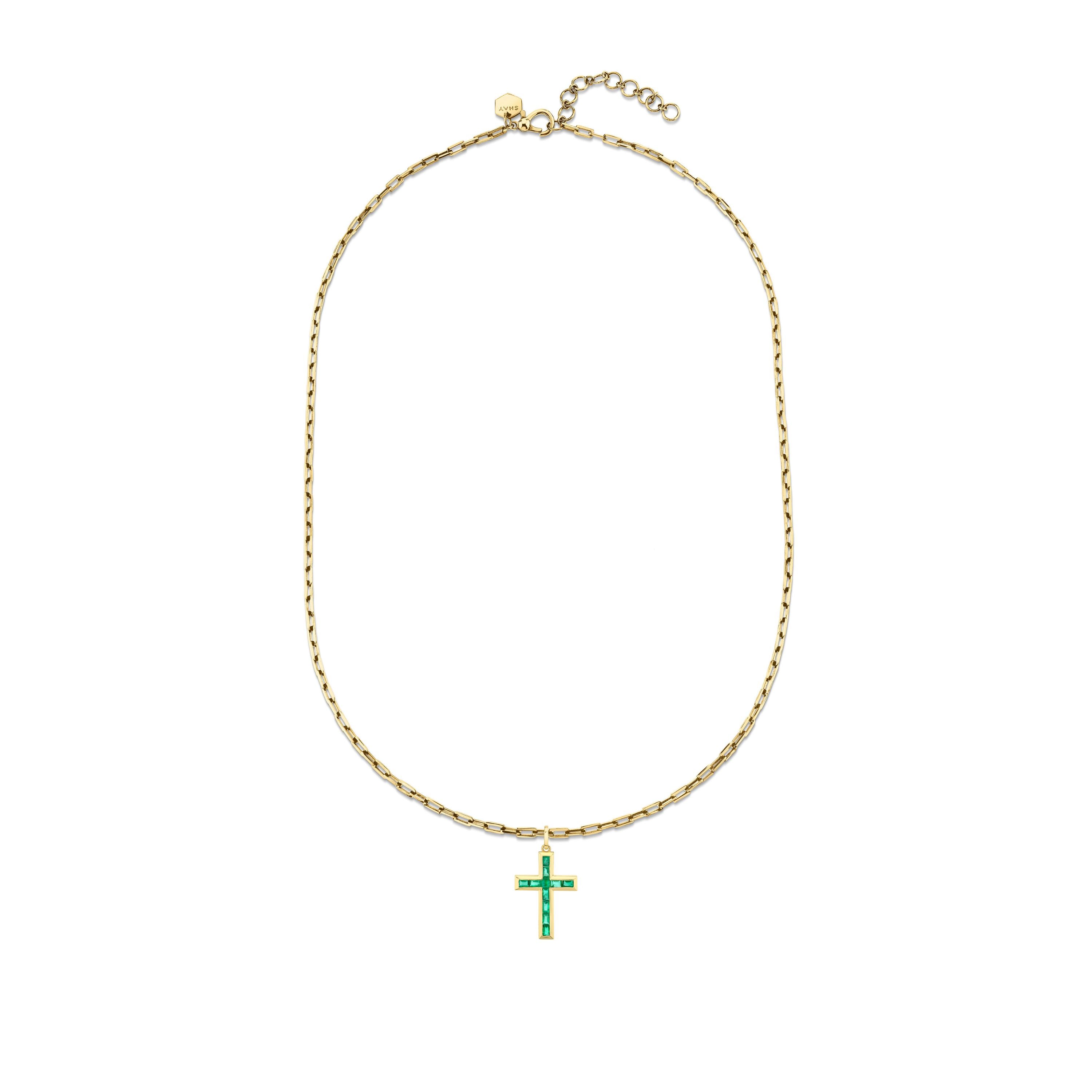 EMERALD BAGUETTE CROSS NECKLACE