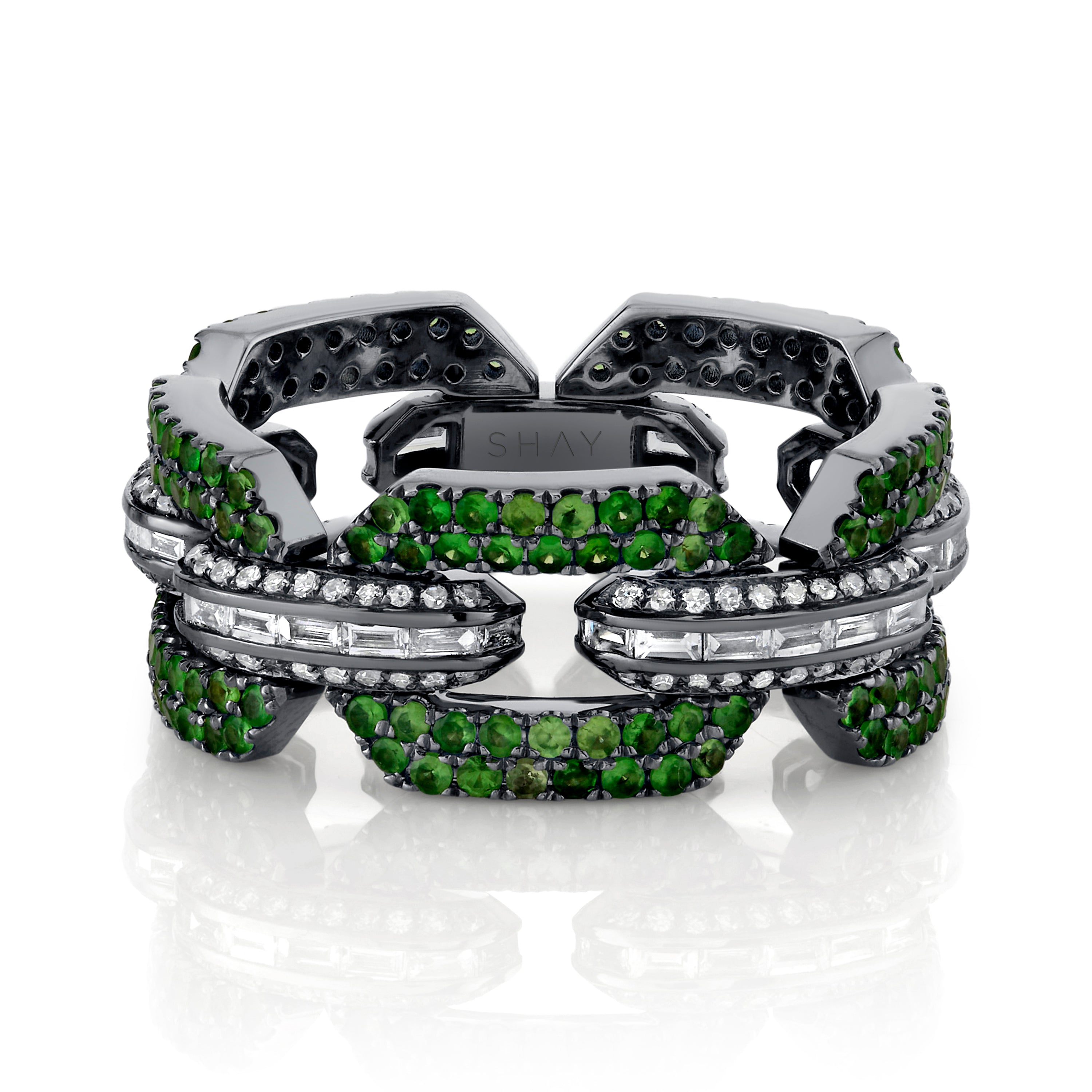 MEN'S GREEN GARNET & DIAMOND PAVE GEO LINK RING – SHAY JEWELRY