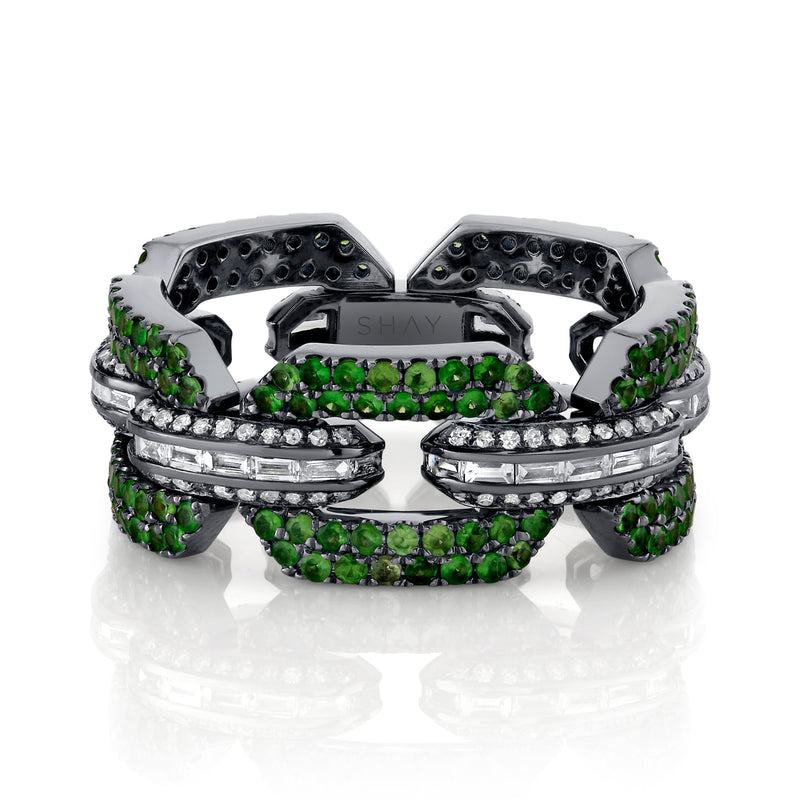 READY TO SHIP MEN'S GREEN GARNET & DIAMOND PAVE GEO LINK RING