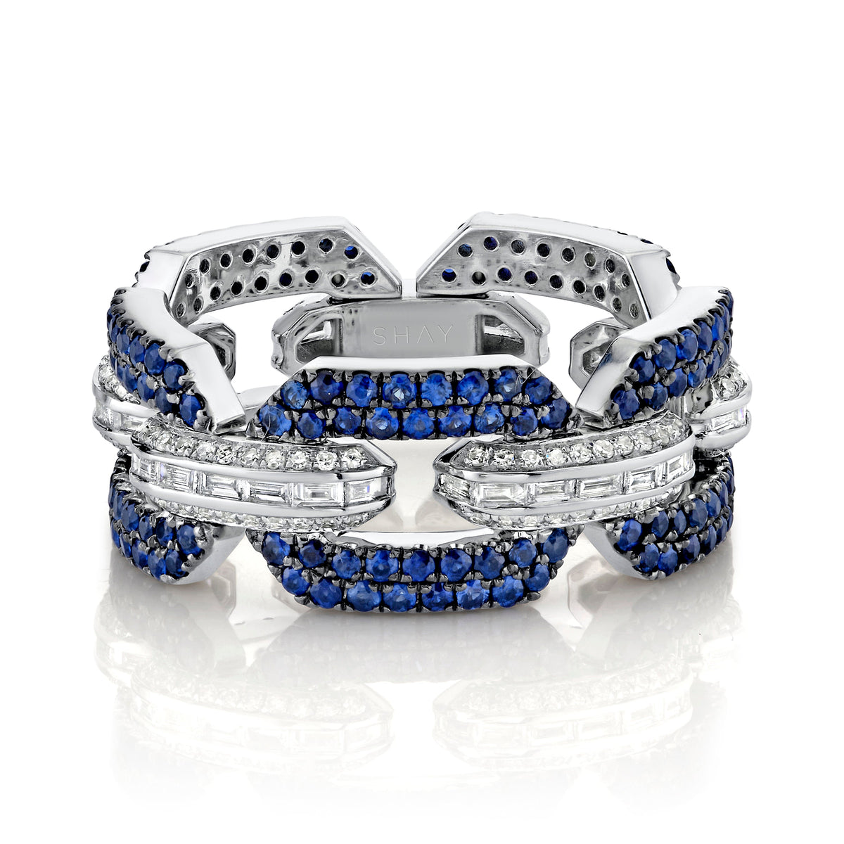 READY TO SHIP MEN'S BLUE SAPPHIRE & DIAMOND PAVE GEO LINK RING