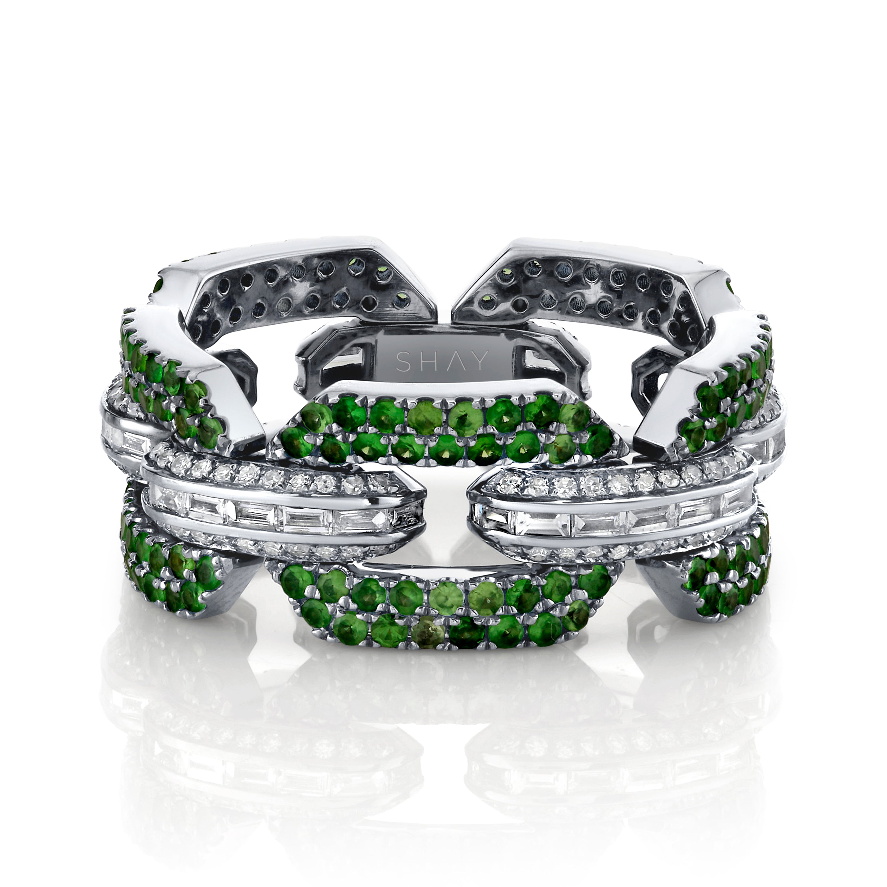 MEN'S GREEN GARNET & DIAMOND GEO LINK RING