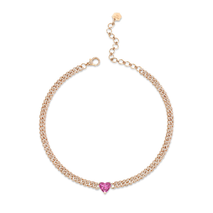 READY TO SHIP PINK SAPPHIRE HEART MINI PAVE LINK NECKLACE