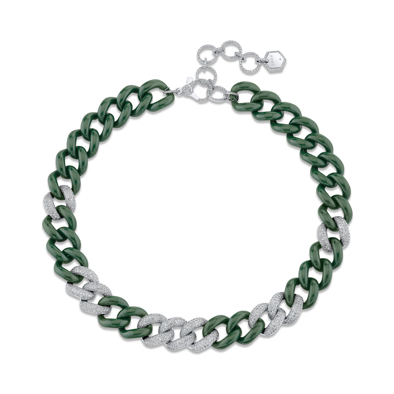 DIAMOND 9 PAVE & GREEN CERAMIC JUMBO LINK NECKLACE