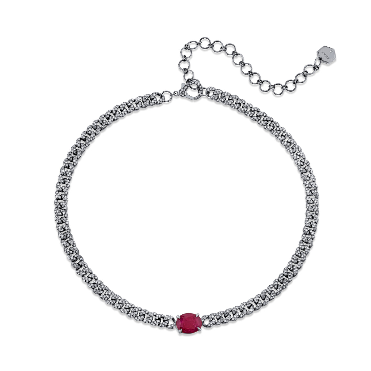 RUBY SOLITAIRE OVAL PAVE MINI LINK NECKLACE