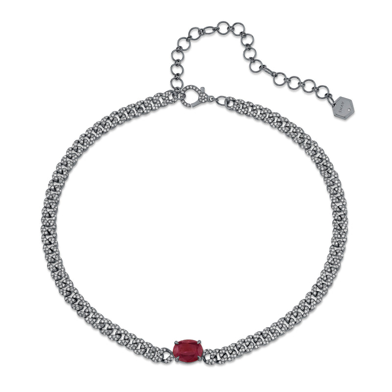 RUBY SOLITAIRE OVAL PAVE MINI LINK NECKLACE