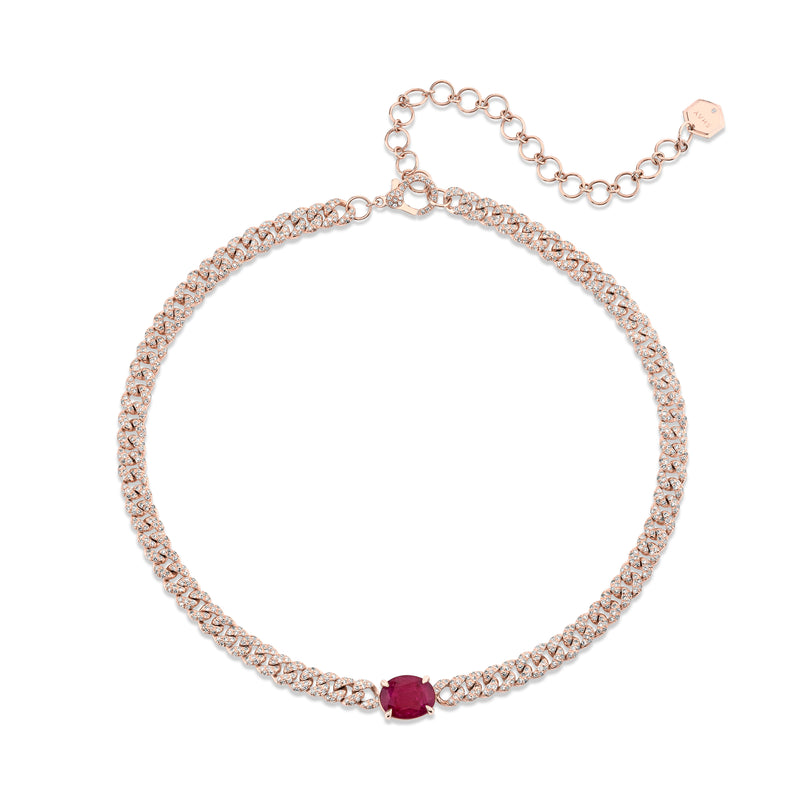 RUBY SOLITAIRE OVAL PAVE MINI LINK NECKLACE