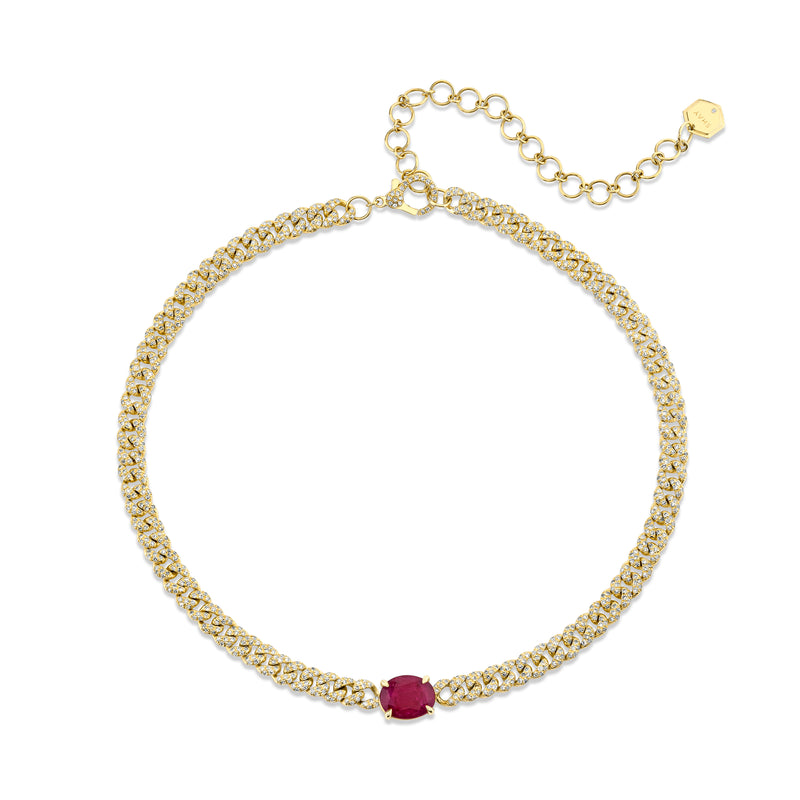 READY TO SHIP RUBY SOLITAIRE OVAL PAVE MINI LINK NECKLACE