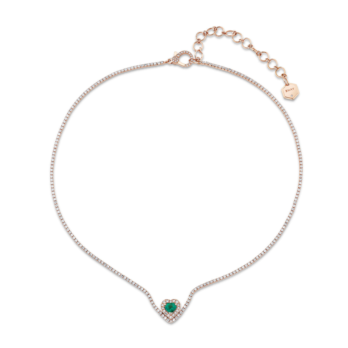 READY TO SHIP EMERALD & DIAMOND FLOATING HEART PAVE THREAD NECKLACE