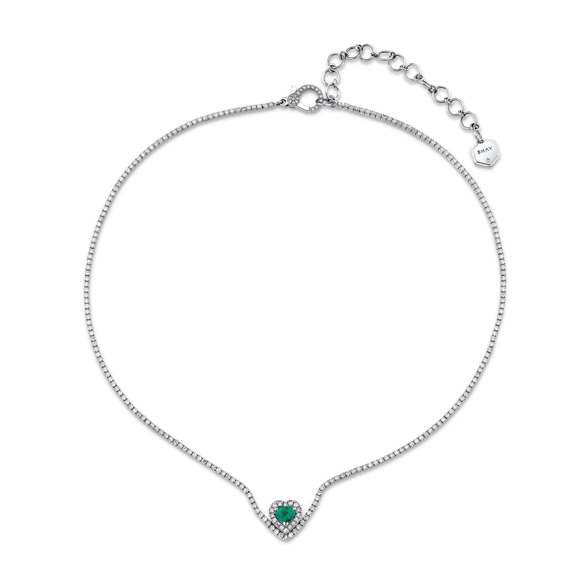 EMERALD & DIAMOND FLOATING HEART PAVE THREAD NECKLACE