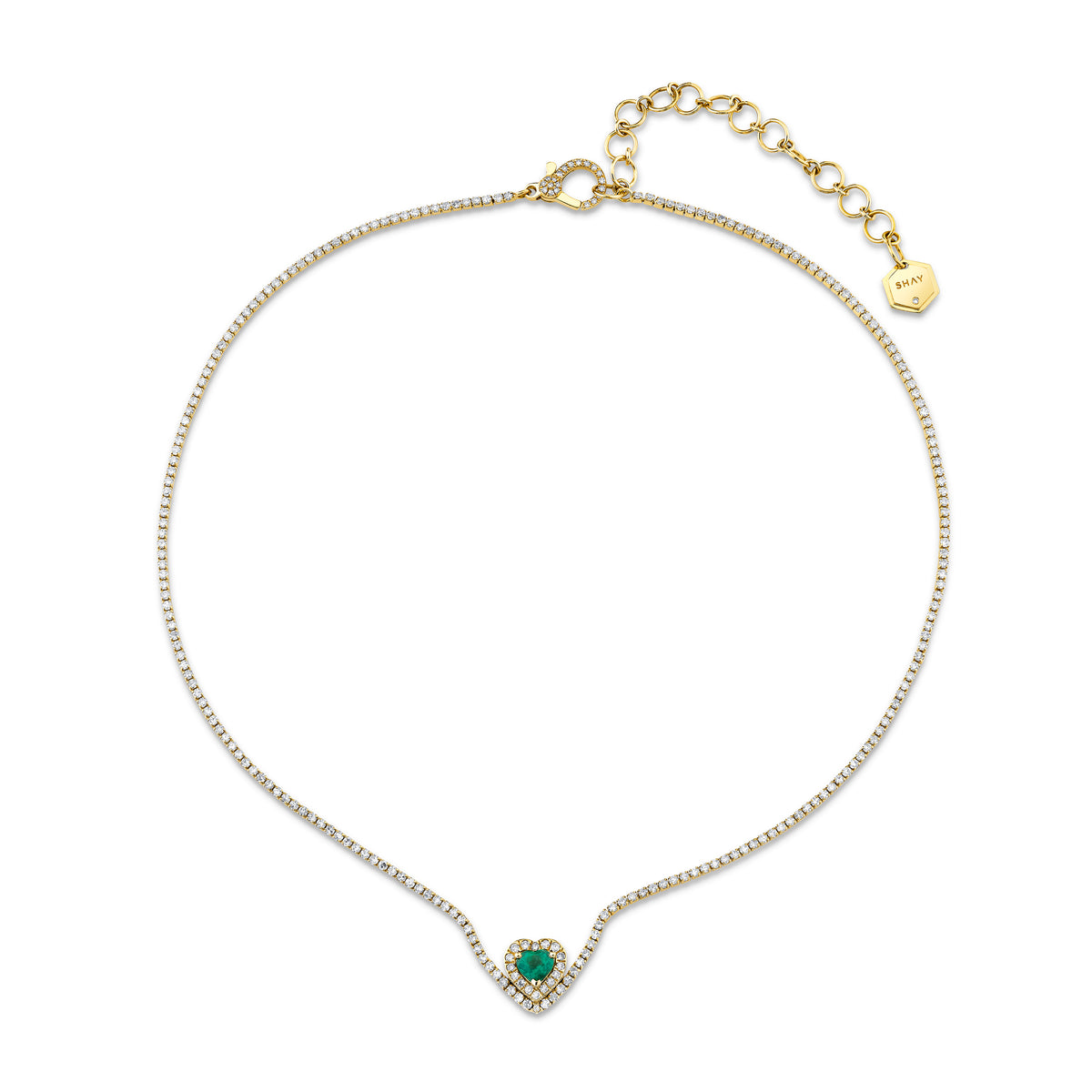 EMERALD & DIAMOND FLOATING HEART PAVE THREAD NECKLACE