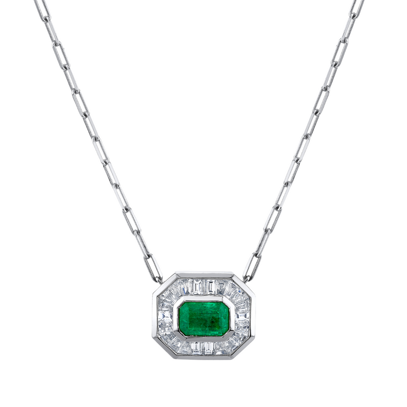 READY TO SHIP EMERALD & DIAMOND HALO MINI DECO PENDANT NECKLACE