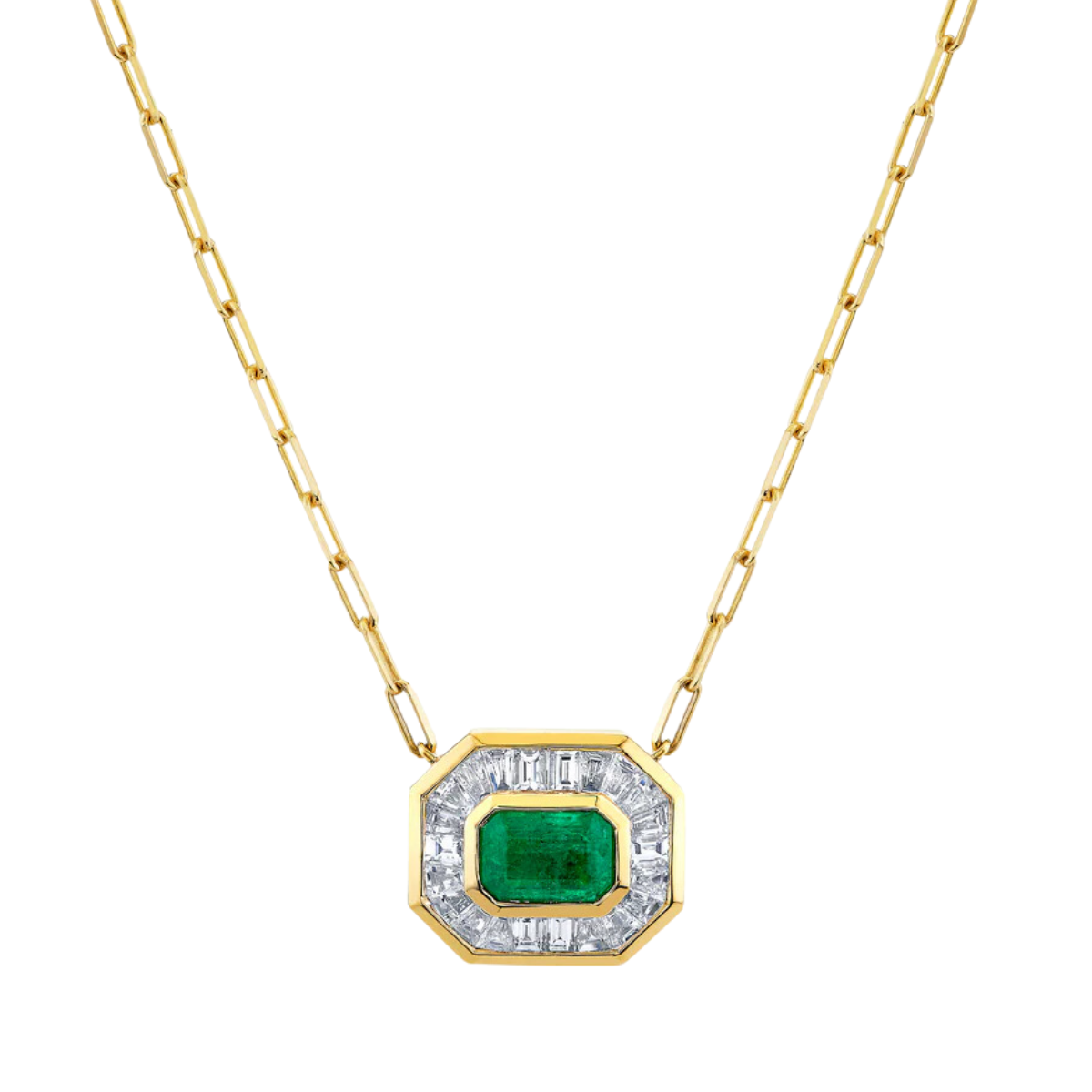 SHAY Ready to Ship Emerald & Diamond Halo Necklace, 1.02ct, 18k gold, detail view