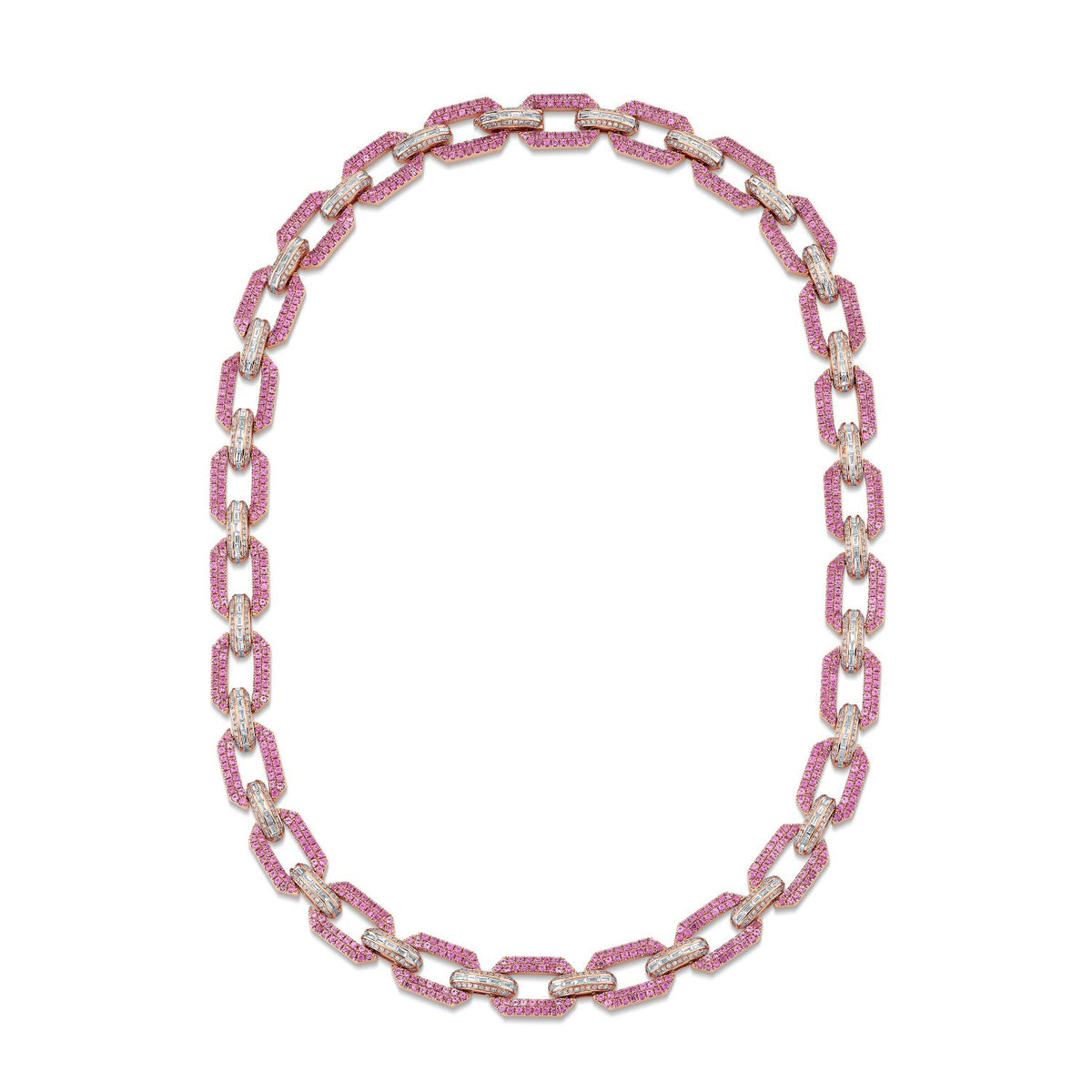 READY TO SHIP PINK SAPPHIRE & DIAMOND PAVE FLAT GEO LINK NECKLACE