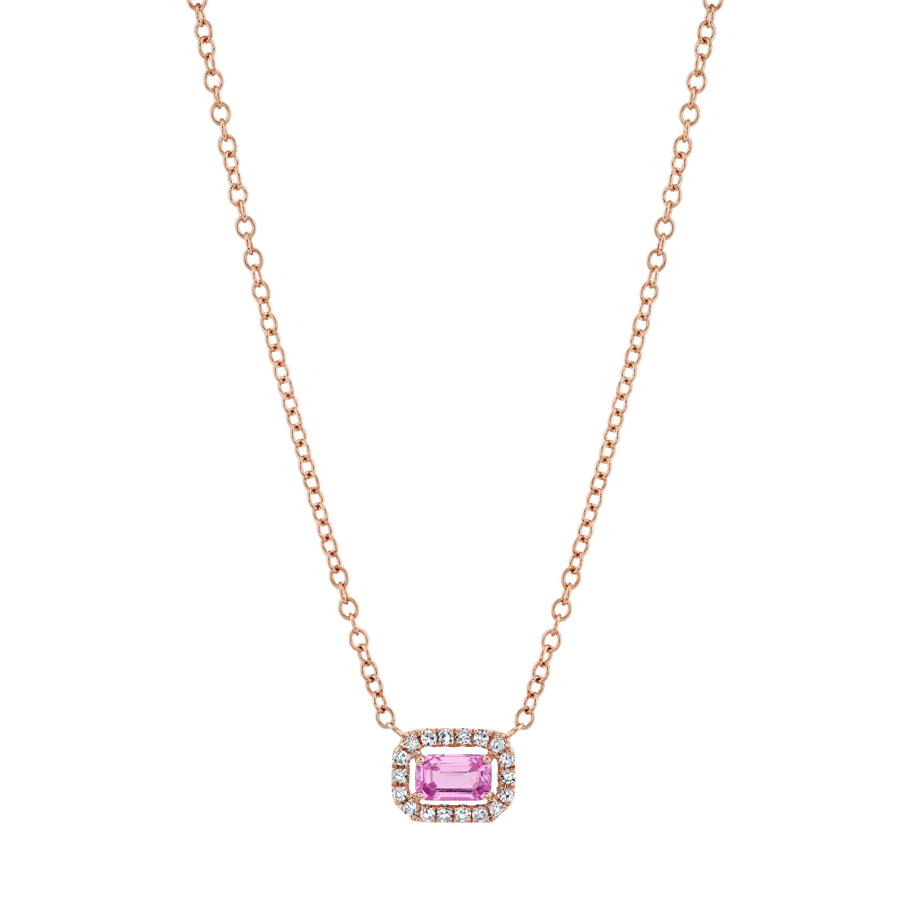 PINK SAPPHIRE & DIAMOND MINI HALO PENDANT NECKLACE – SHAY