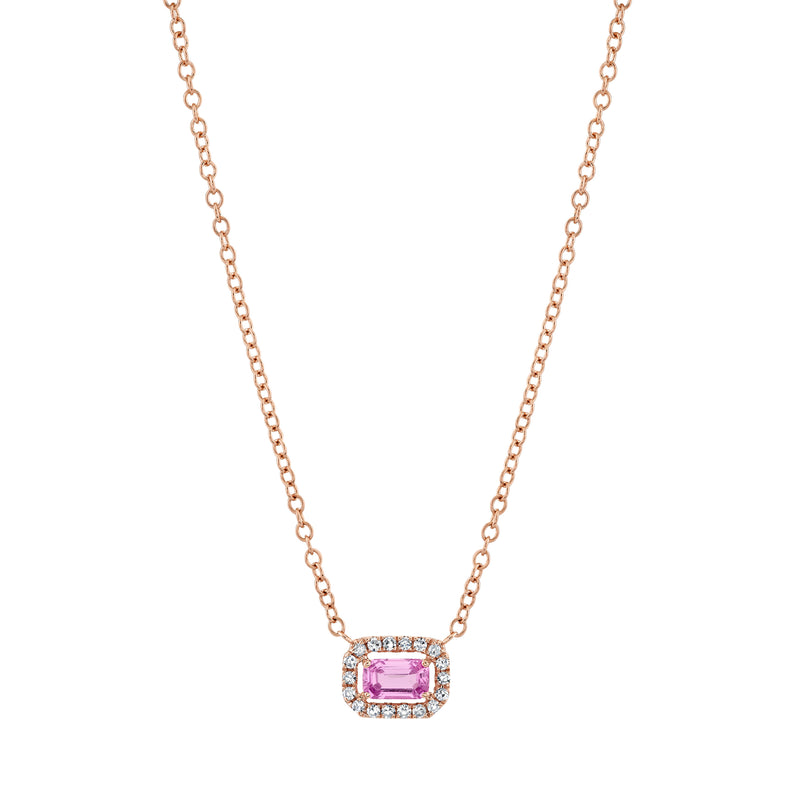 PINK SAPPHIRE & DIAMOND MINI HALO PENDANT NECKLACE