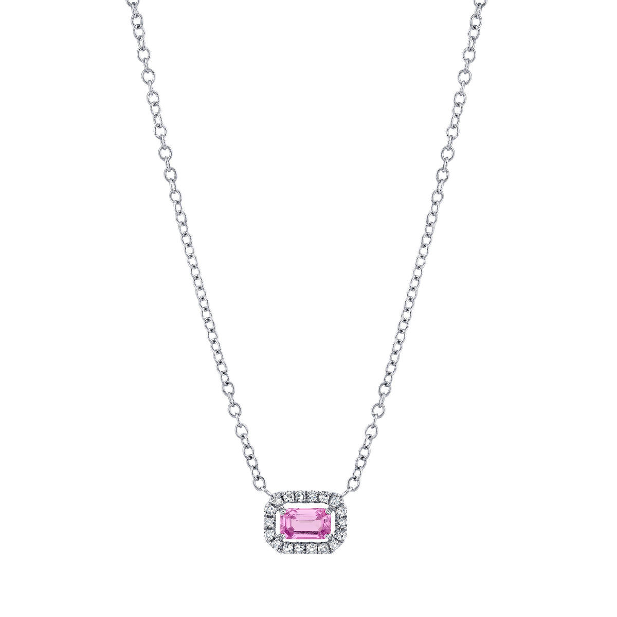 PINK SAPPHIRE & DIAMOND MINI HALO PENDANT NECKLACE