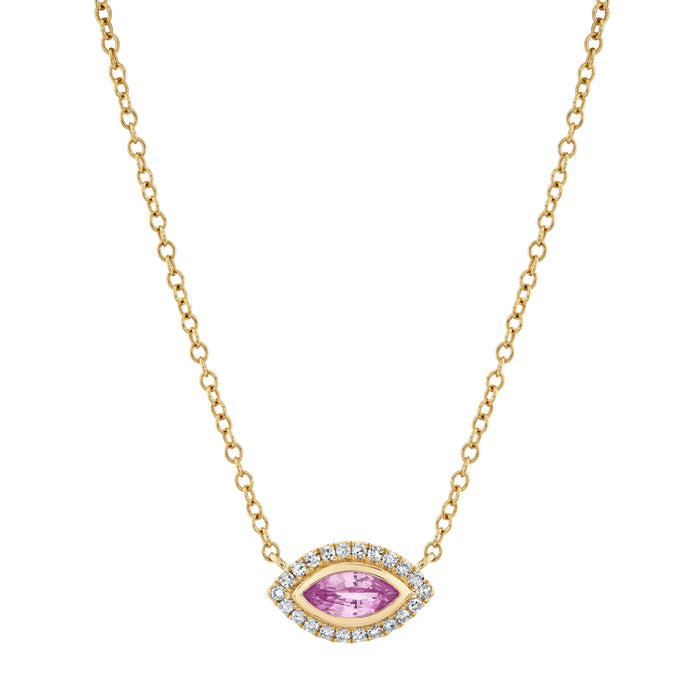 PINK SAPPHIRE & DIAMOND MINI EVIL EYE PENDANT NECKLACE