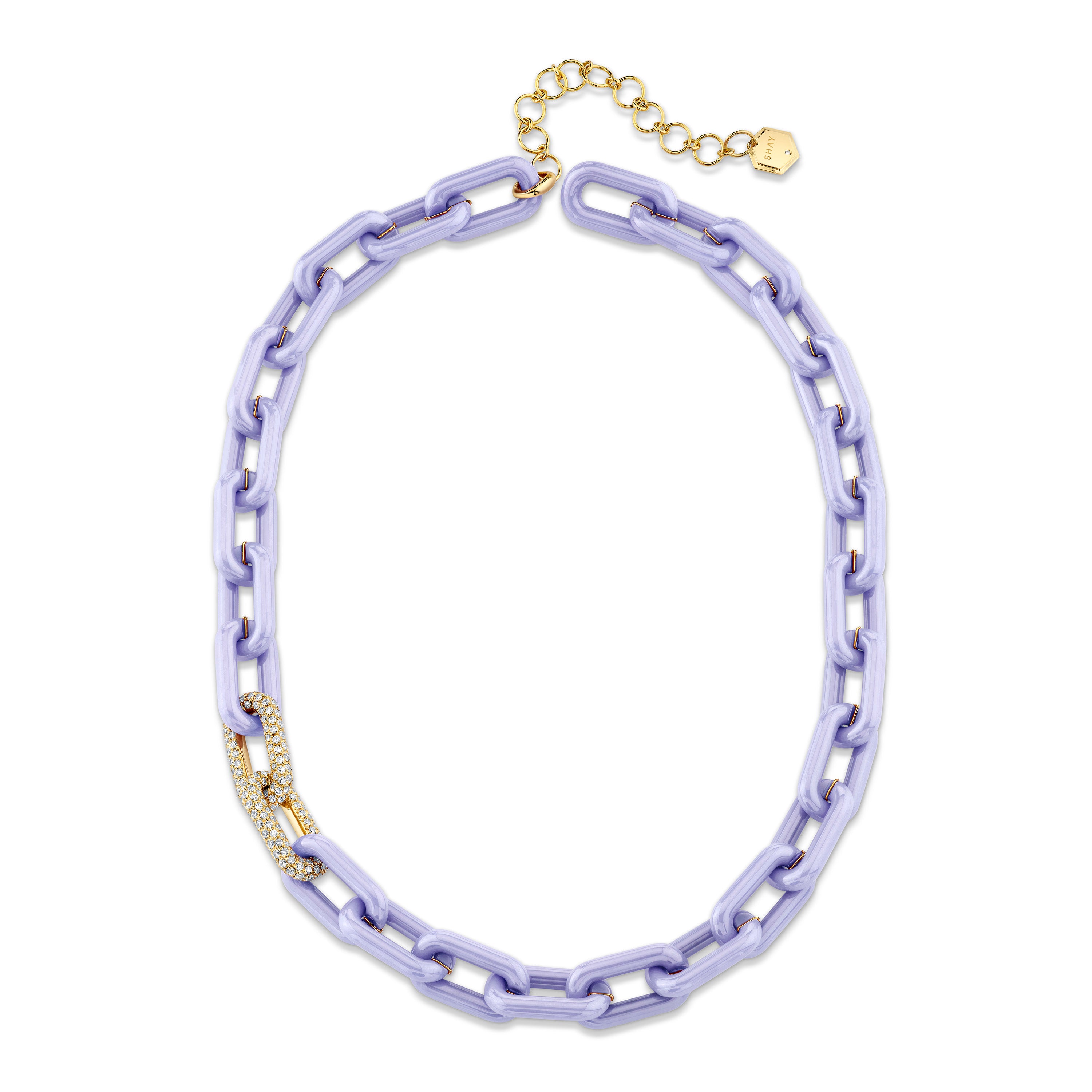 SHAY Diamond Pave Double Lavender Ceramic Cable Link Necklace, 6.7ct, 18k gold, detail view
