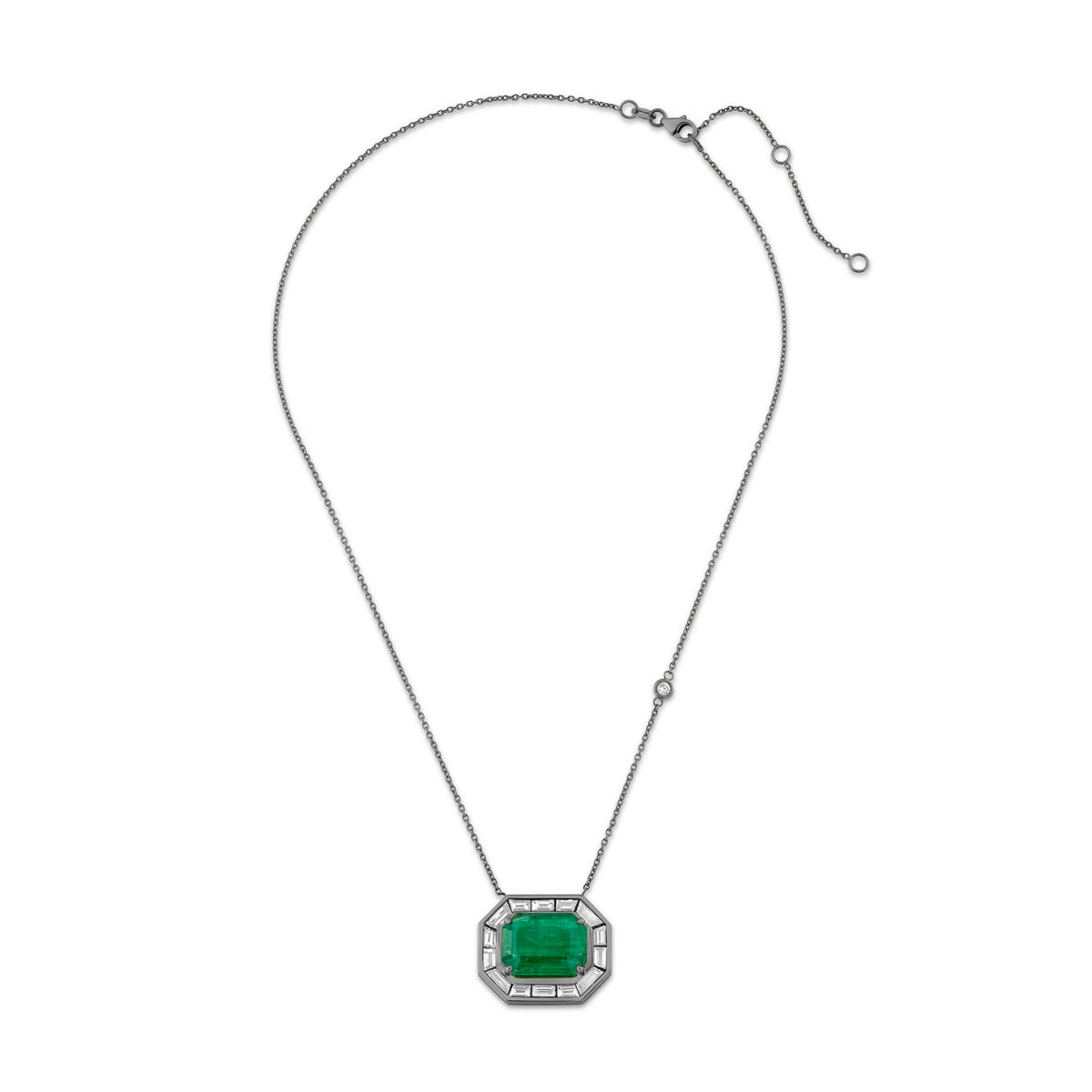 EMERALD & DIAMOND HALO LARGE DECO PENDANT NECKLACE
