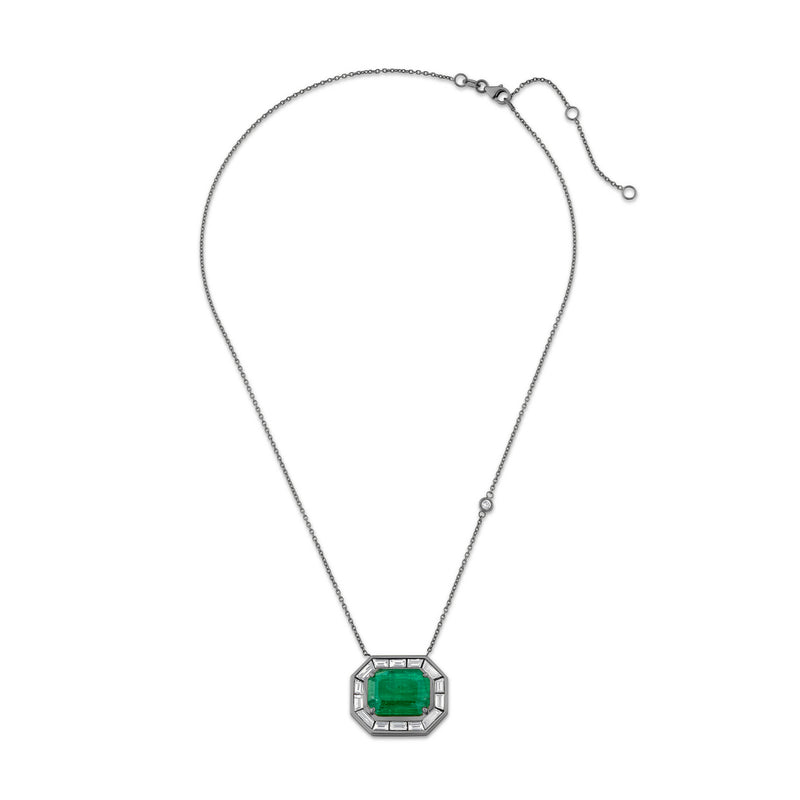 EMERALD & DIAMOND HALO LARGE DECO PENDANT NECKLACE