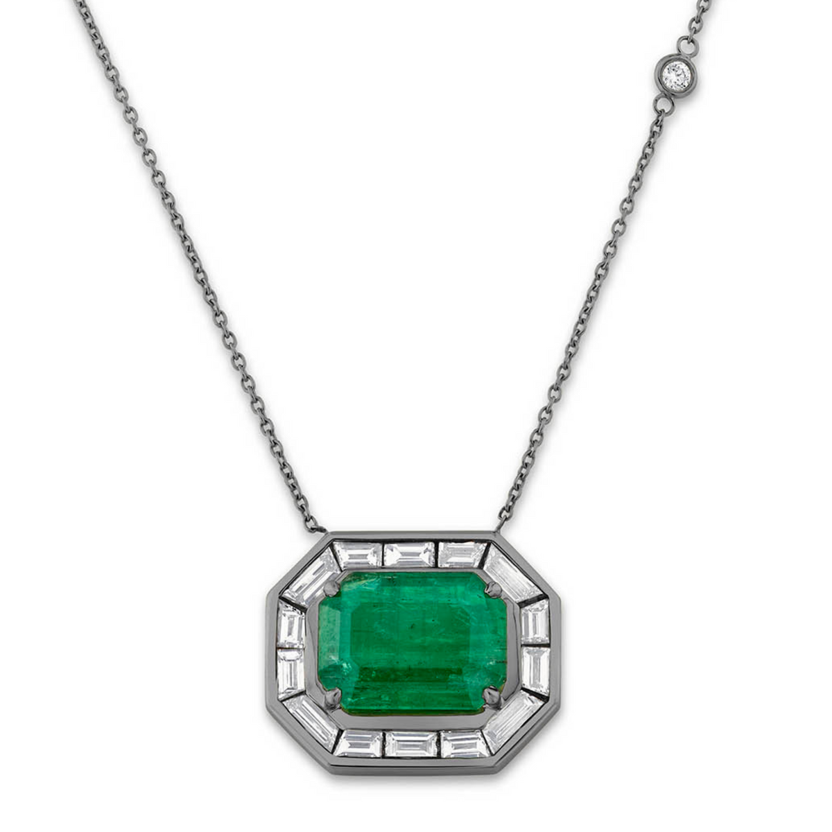 EMERALD & DIAMOND HALO LARGE DECO PENDANT NECKLACE