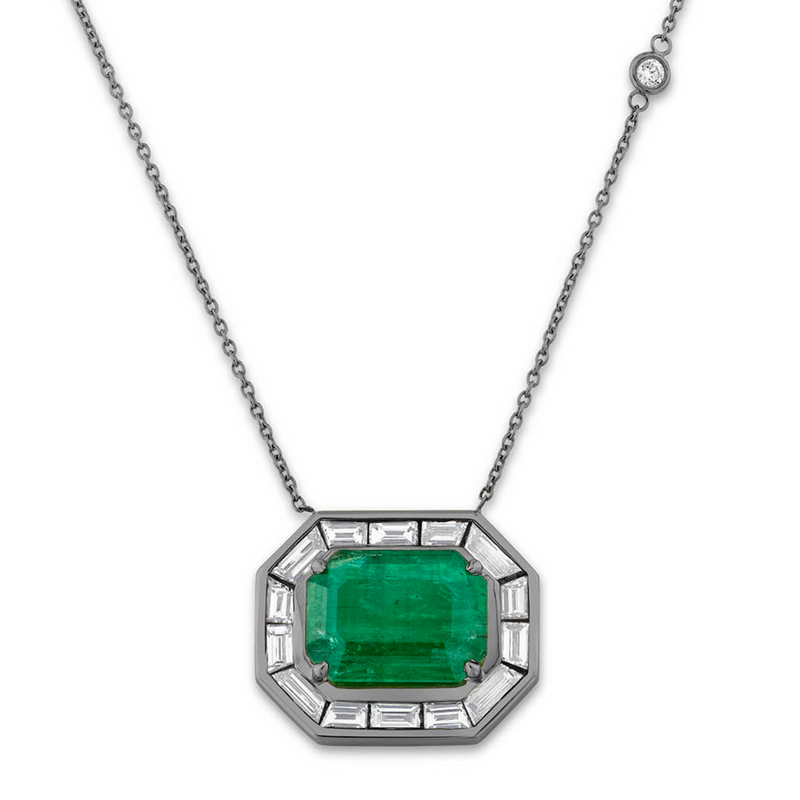 EMERALD & DIAMOND HALO LARGE DECO PENDANT NECKLACE