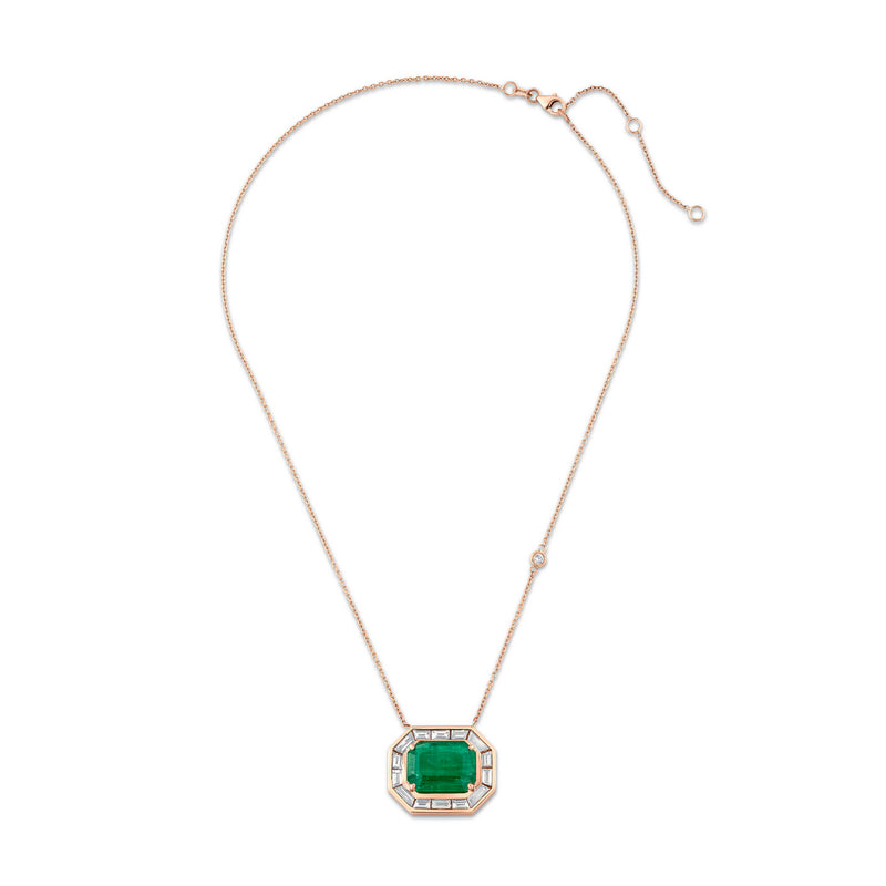 EMERALD & DIAMOND HALO LARGE DECO PENDANT NECKLACE
