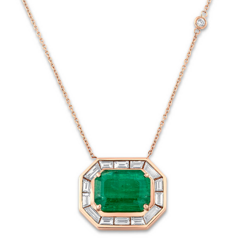 EMERALD & DIAMOND HALO LARGE DECO PENDANT NECKLACE
