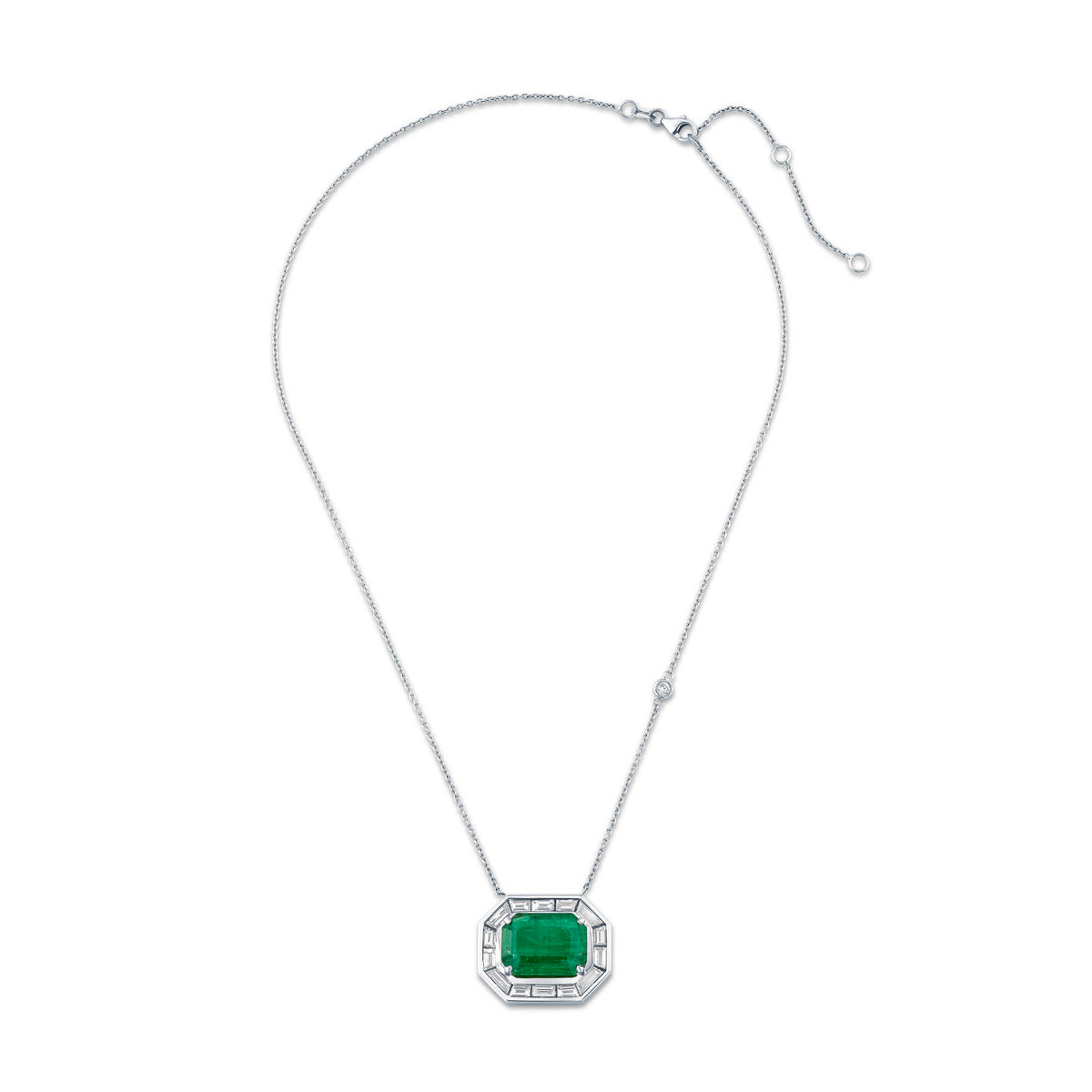 EMERALD & DIAMOND HALO LARGE DECO PENDANT NECKLACE