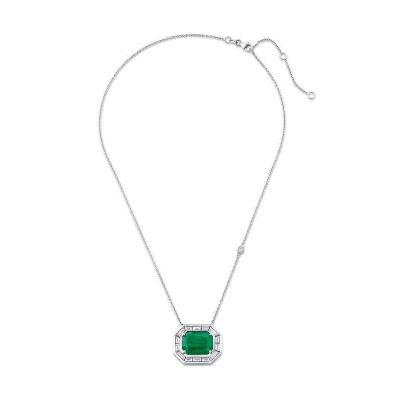 EMERALD & DIAMOND HALO LARGE DECO PENDANT NECKLACE