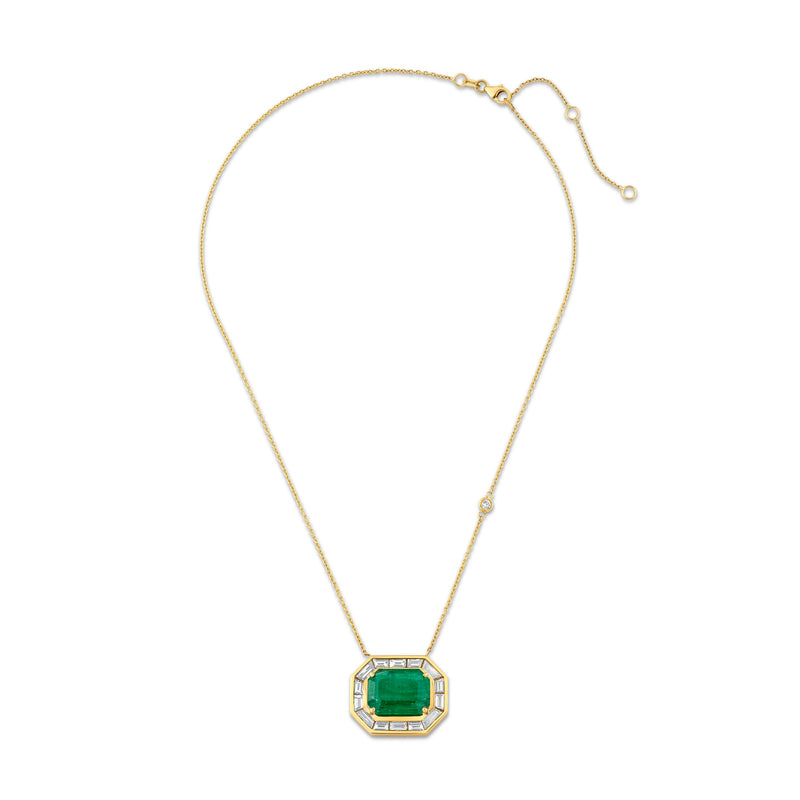 EMERALD & DIAMOND HALO LARGE DECO PENDANT NECKLACE