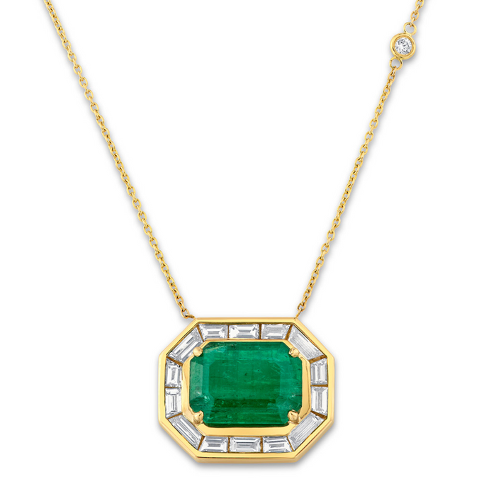 EMERALD & DIAMOND HALO LARGE DECO PENDANT NECKLACE