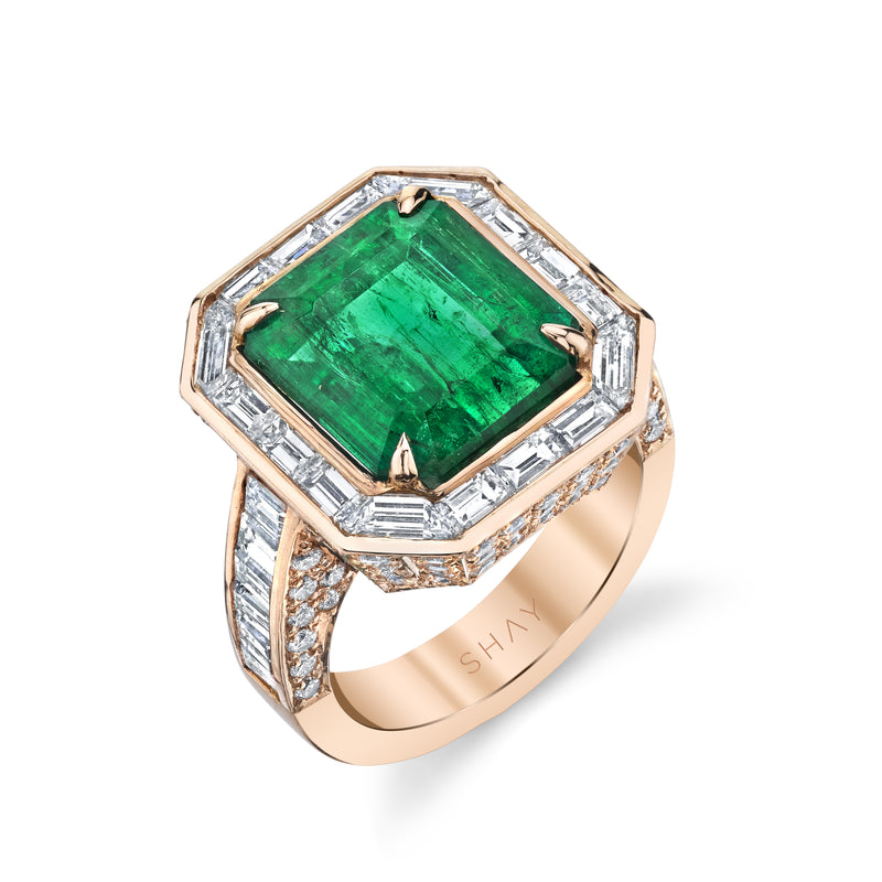READY TO SHIP EMERALD BAGUETTE HALO COCKTAIL RING